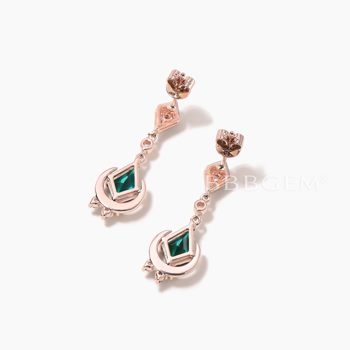 1CT Kite Cut Emerald Drop Earrings Diamond Cluster Moon Rose Gold Earrings
