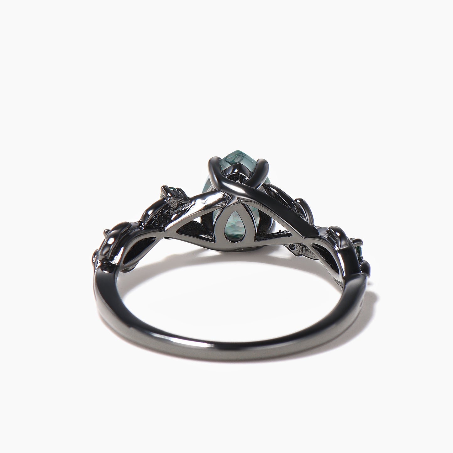 Teardrop Cut Moss Agate Twisted Leaf Nature Inspired Black Gold Engagement Ring