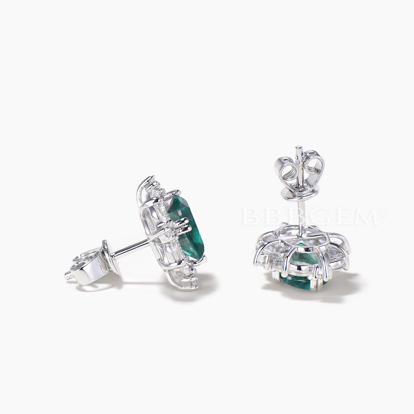 Oval Cut Emerald Stud Earrings Mixed Cut Moissanite Halo White Gold Earrings