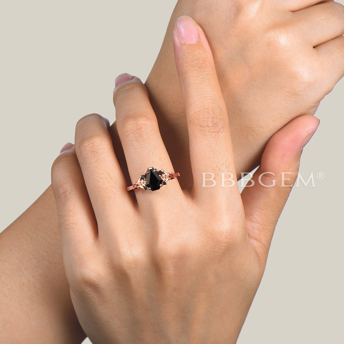 Spider Coffin Natural Black Onyx Ring Black Diamond Garnet Gothic Engagement Ring