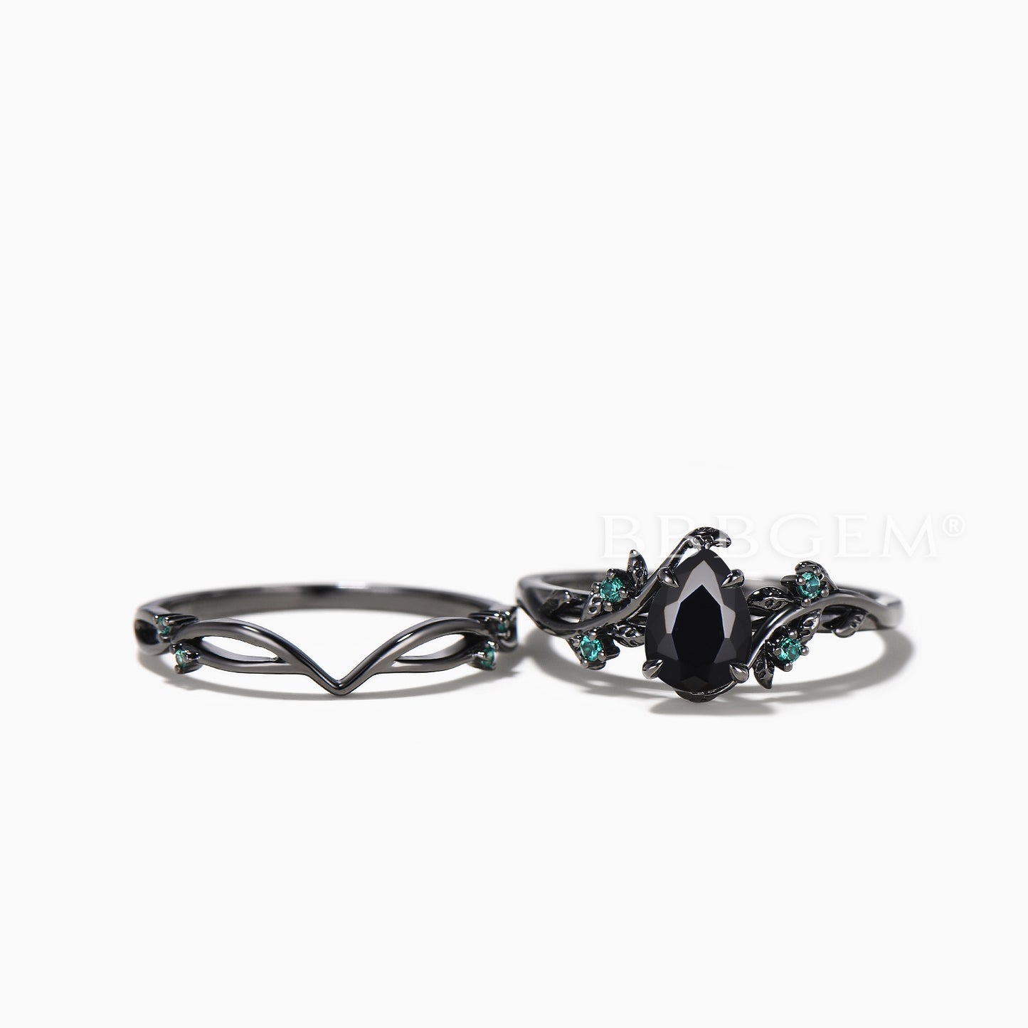 Pear Cut Natural Black Onyx Leaf Black Gold Ring Emerald Nature Inspired Bridal Set