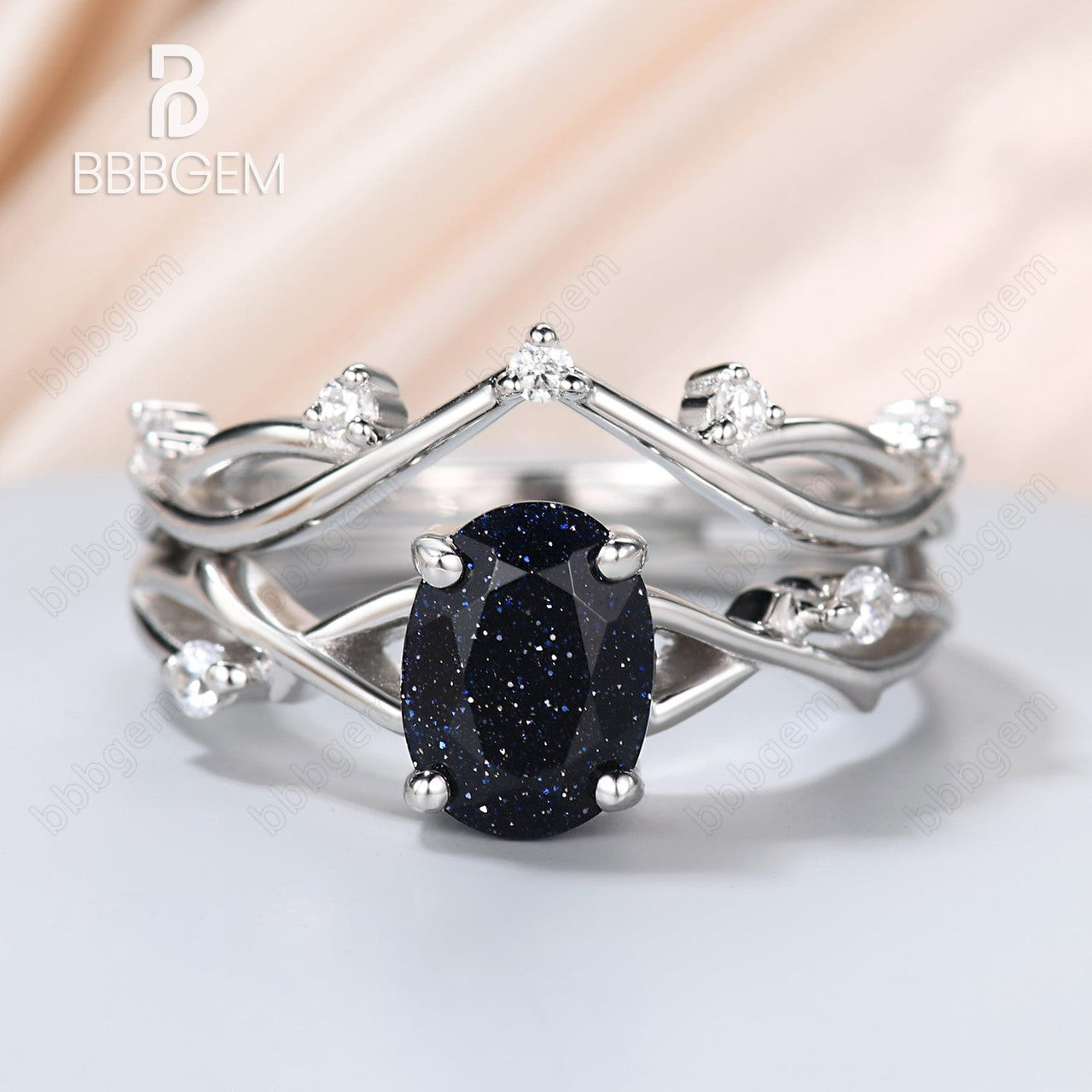 Solitaire Oval Blue Sandstone Engagement Ring Set Willow Twig Vine Blue Goldstone Diamond Ring 14K White Gold-BBBGEM Women Ring Set