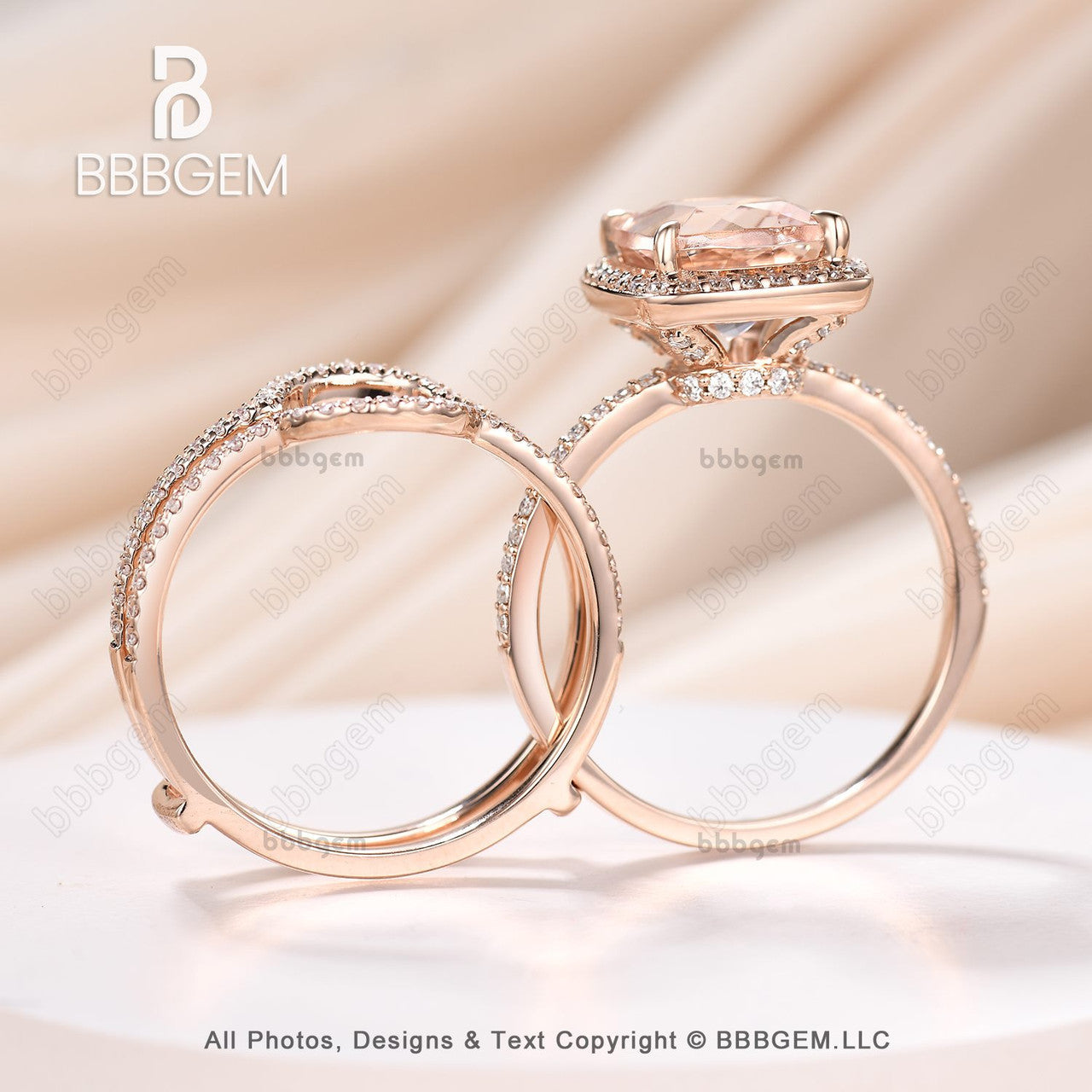 8mm cushion cut moragnite ring set-rose gold morganite cushion engagement ring with enhancer band