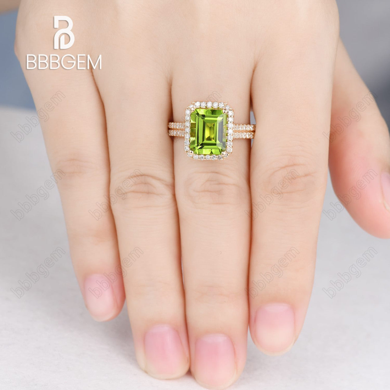 8x10mm Green Peridot Big Engagement Ring Emerald Cut Diamond Wedding Double Pave Band in 10k yellow gold