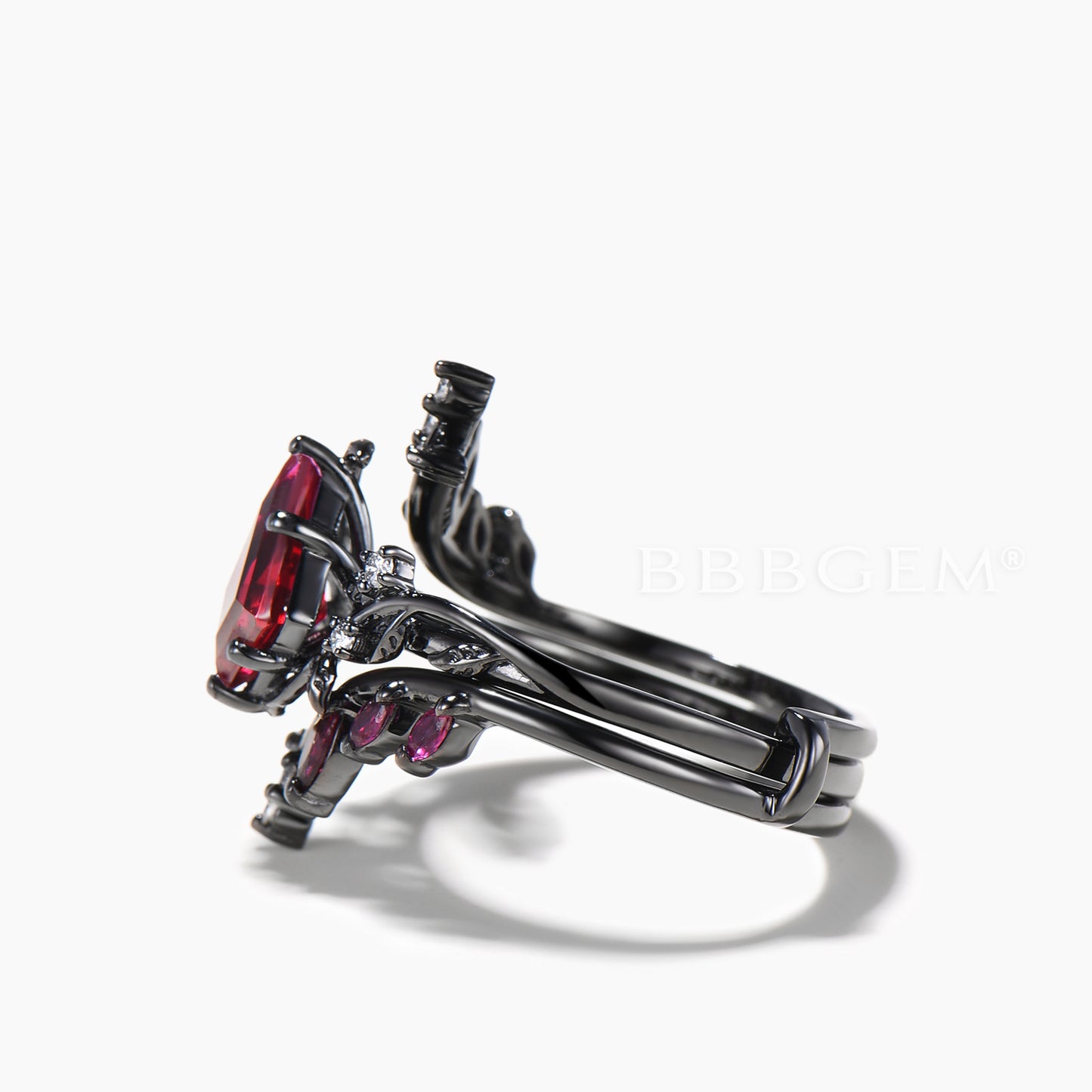 Kite Cut Ruby Leaf Engagement Ring Ruby Diamond Branch Gothic Bridal Set
