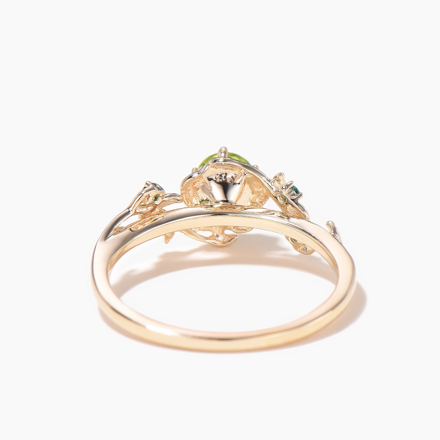 Round Cut Peridot Floral Engagement Ring Emerald Leaf Nature Inspired Ring