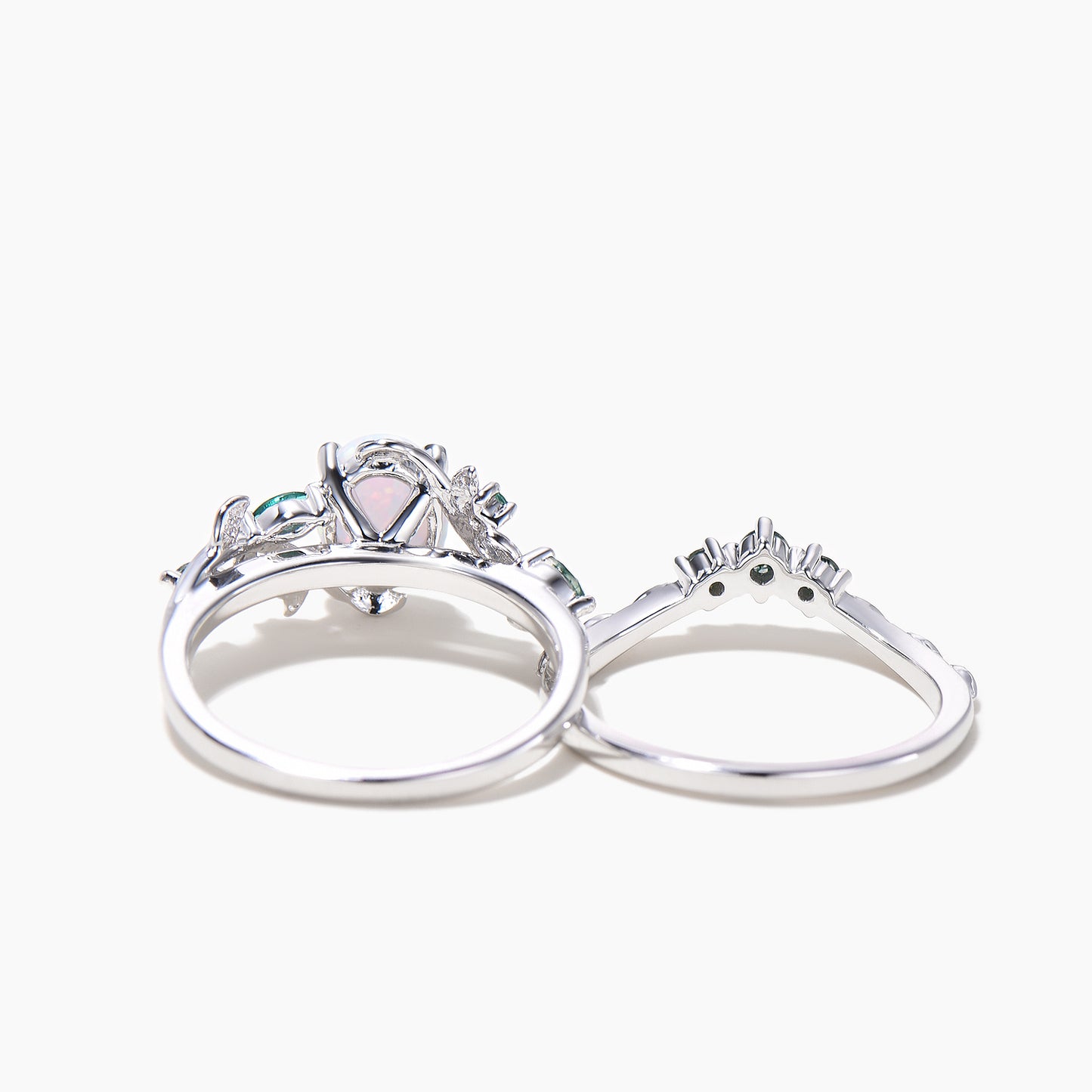 1.5ct Oval Cut White Opal Engagement Ring Moss Agate Leaf Nature Inspired Bridal Set