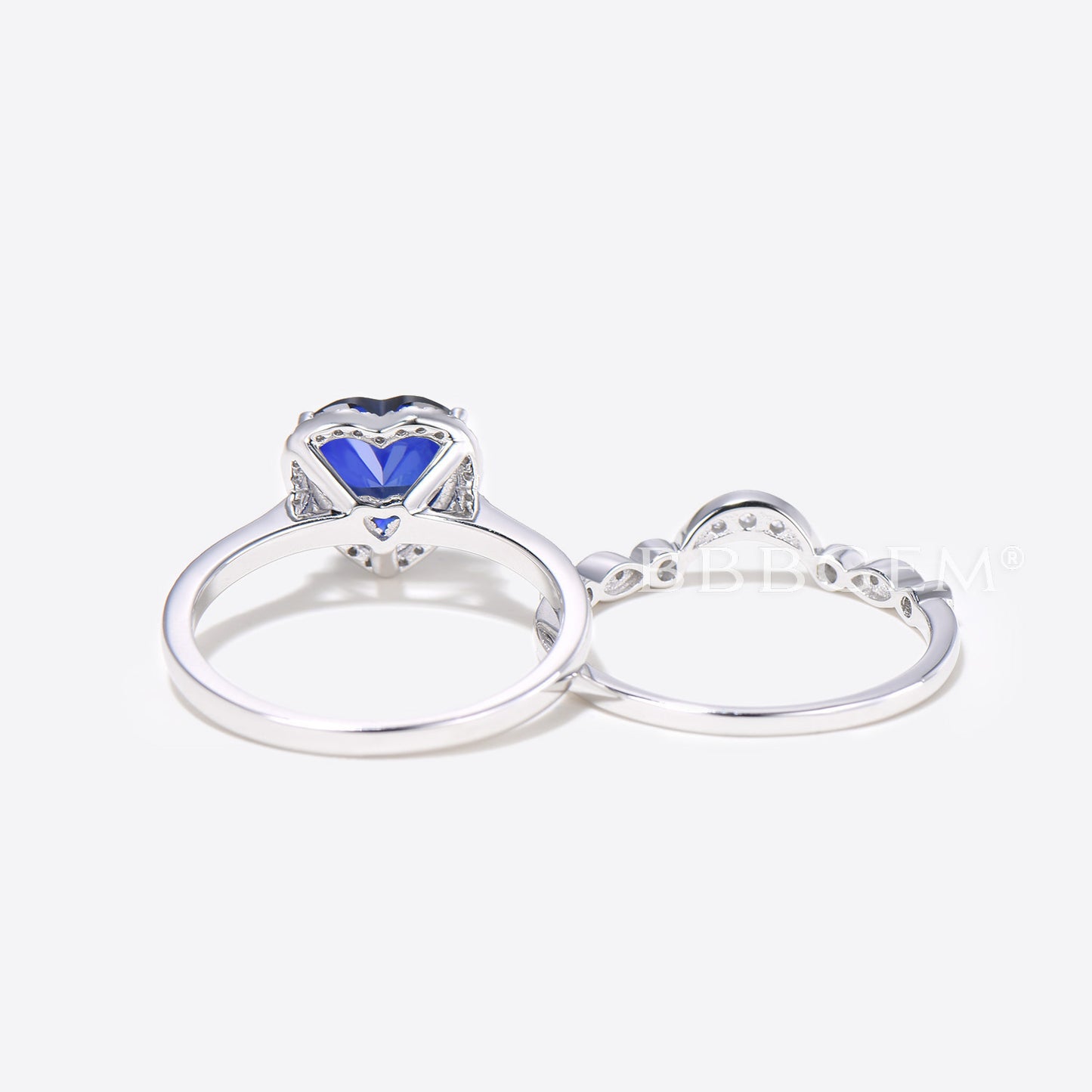 Heart Cut Blue Sapphire Diamond Halo Engagement Ring Half Eternity Bridal Set
