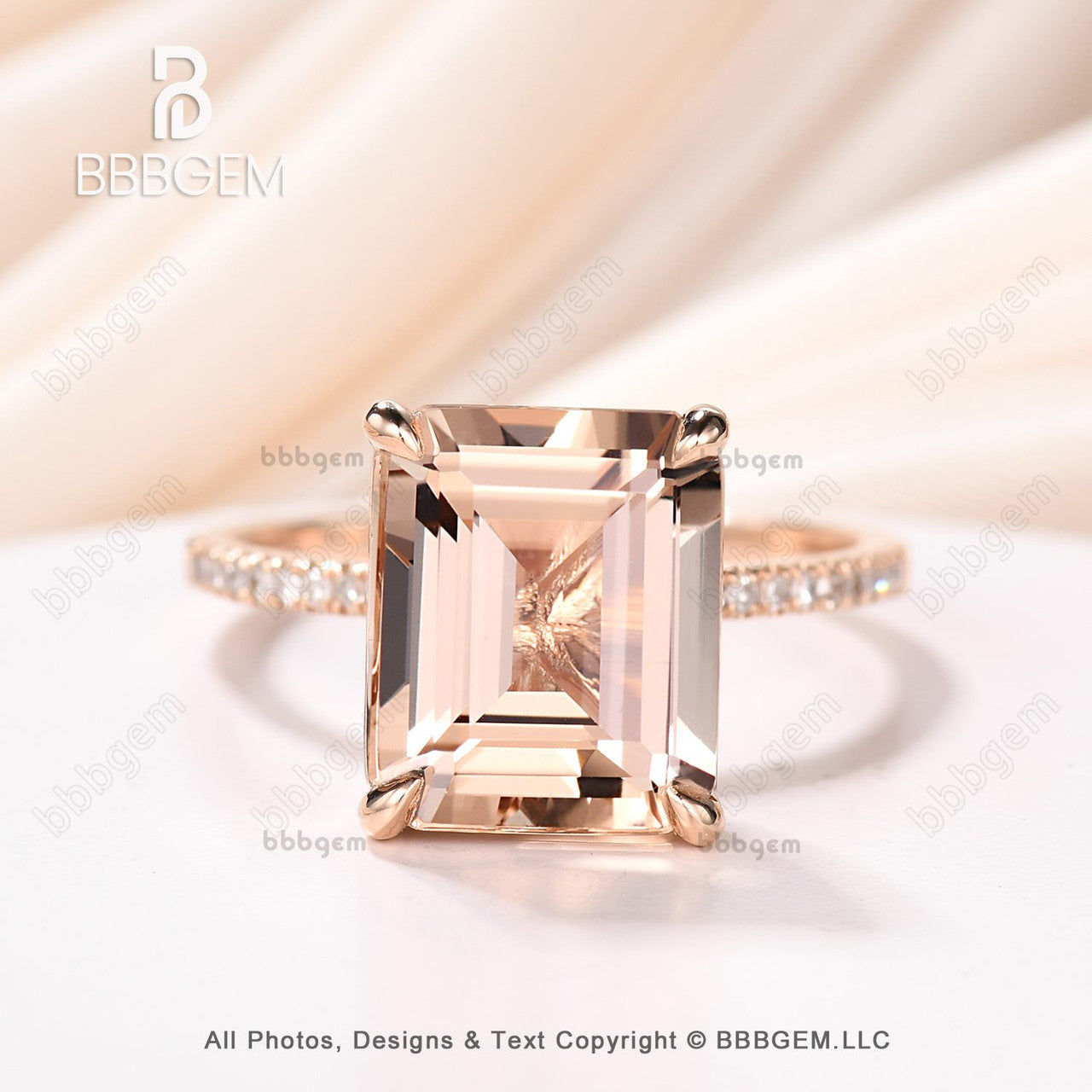 Wedding Ring Emerald Cut Morganite Rose Gold Ring Emerald Cut