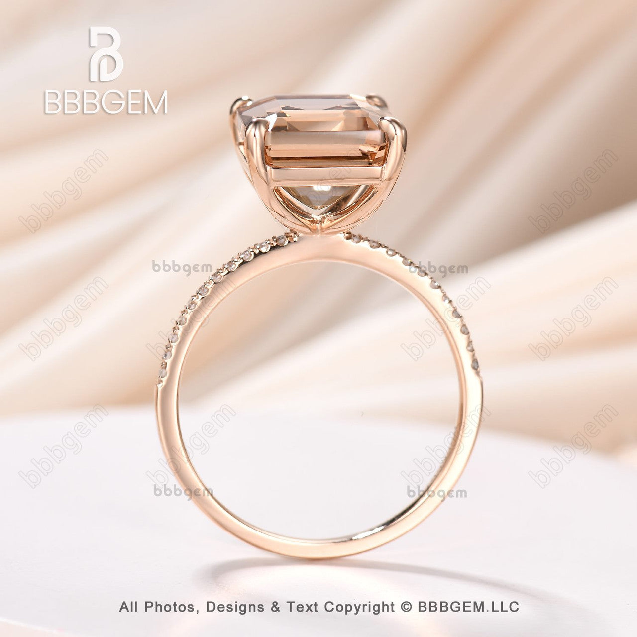 9x11mm 5 Carat Emerald Cut Morganite Engagement Ring Rose Gold Accent Diamonds