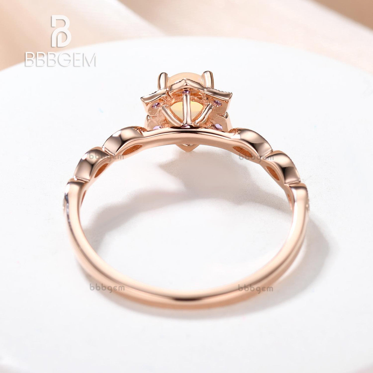 African Natural Opal Engagement Ring-Natural Opal Amethyst Flower Ring-Rose Gold Opal Bridal Ring-bbbgem Jewelry