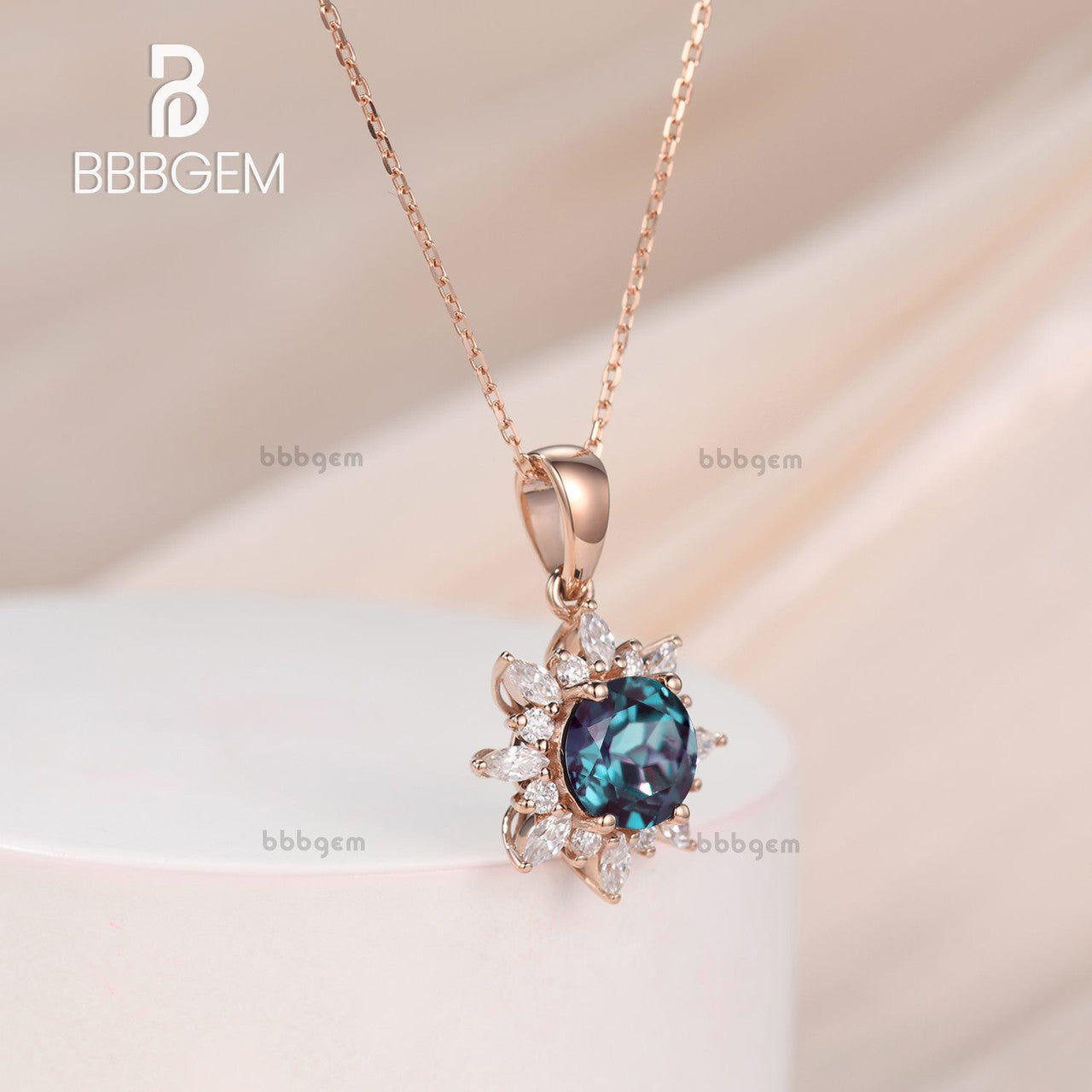 Alexandrite and Moissanite Accent Flower Pendant in 14K Rose Gold-Floral Cluster Diamond Necklace