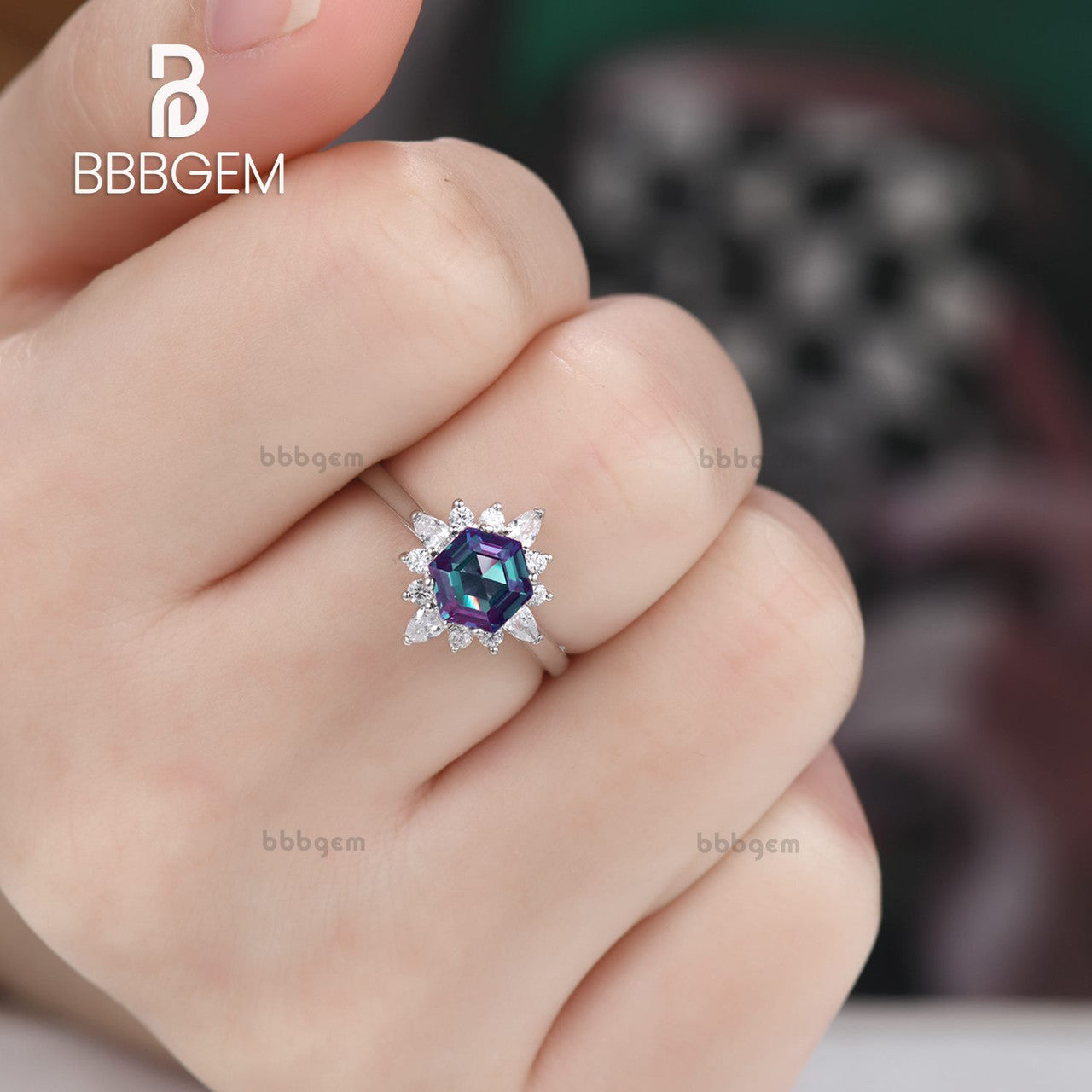 Alexandrite and Moissanite White Gold Ring-Vintage Hexagon Alexandrite Diamond Engagaement Rings
