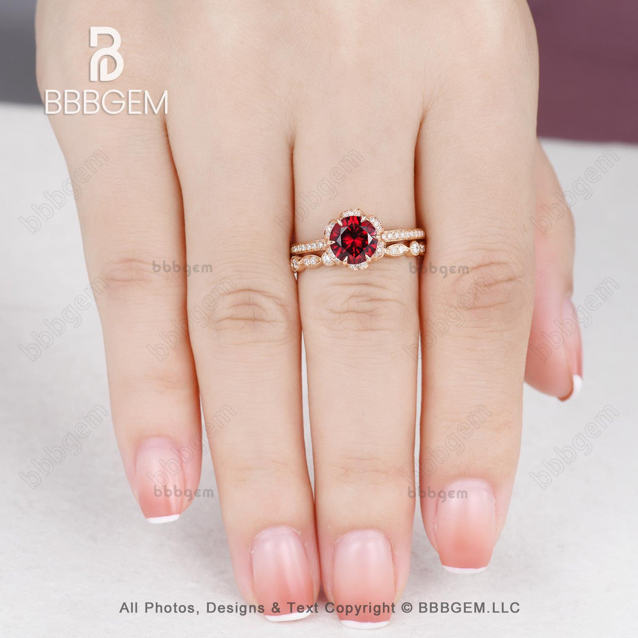 Antique Floral Ruby Halo Diamond Engagement Ring Set-July Birthstone Ruby Wedding Ring Set