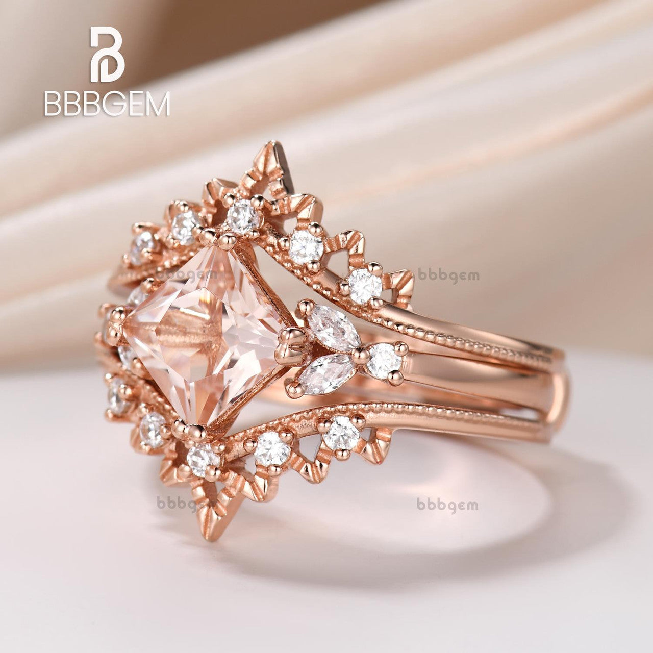 Antique Princess Cut Morganite Ring Set With Nested Diamond Ring Stack-Enhancer Band Retro Morganite Ring Rose Gold-BBBGEM Women Jewelry