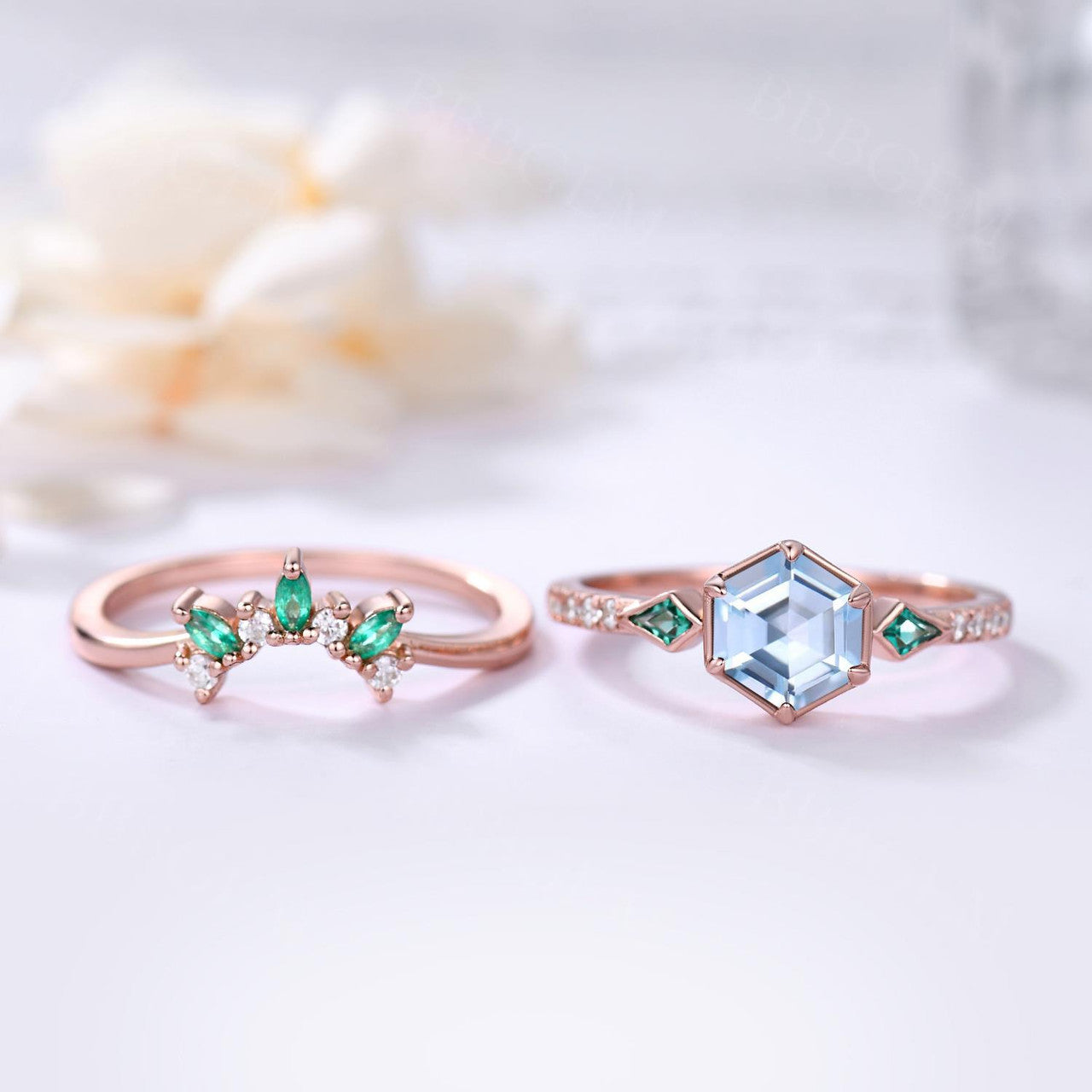 Aquamarine Hexagon Ring Bezel Set with Kite cut lab emerald side stones in rose gold
