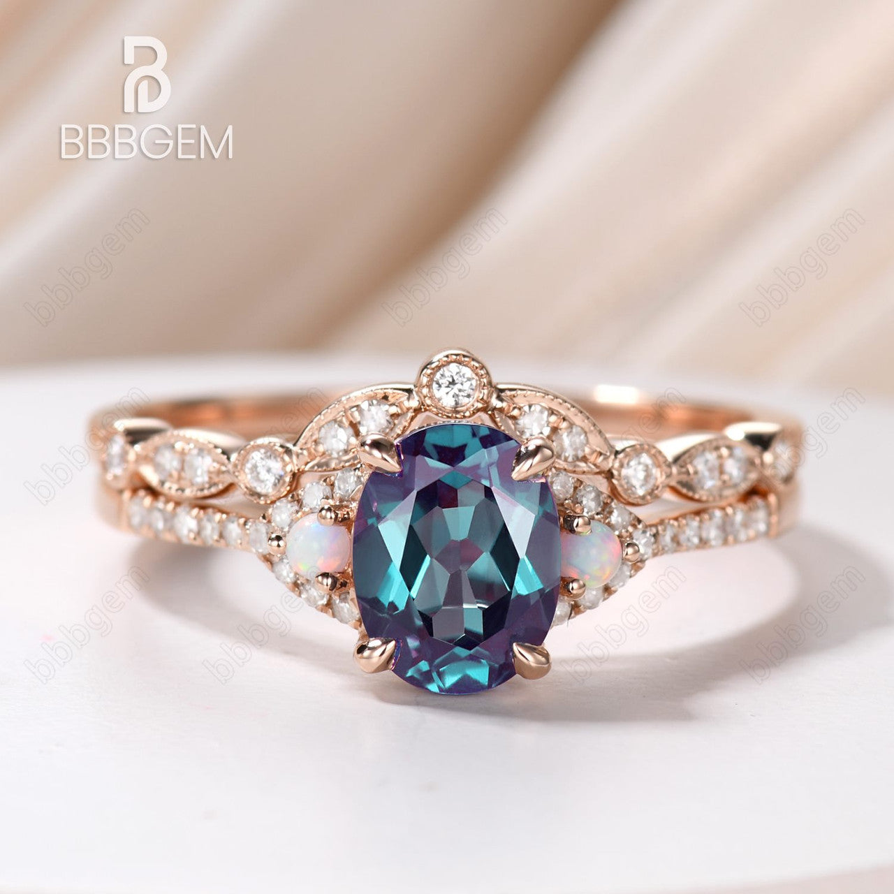 Art Deco Alexandrite Silver Ring Set Curved Diamond Wedding Rose Gold Band Oval Cut Alexandrite Jewelry