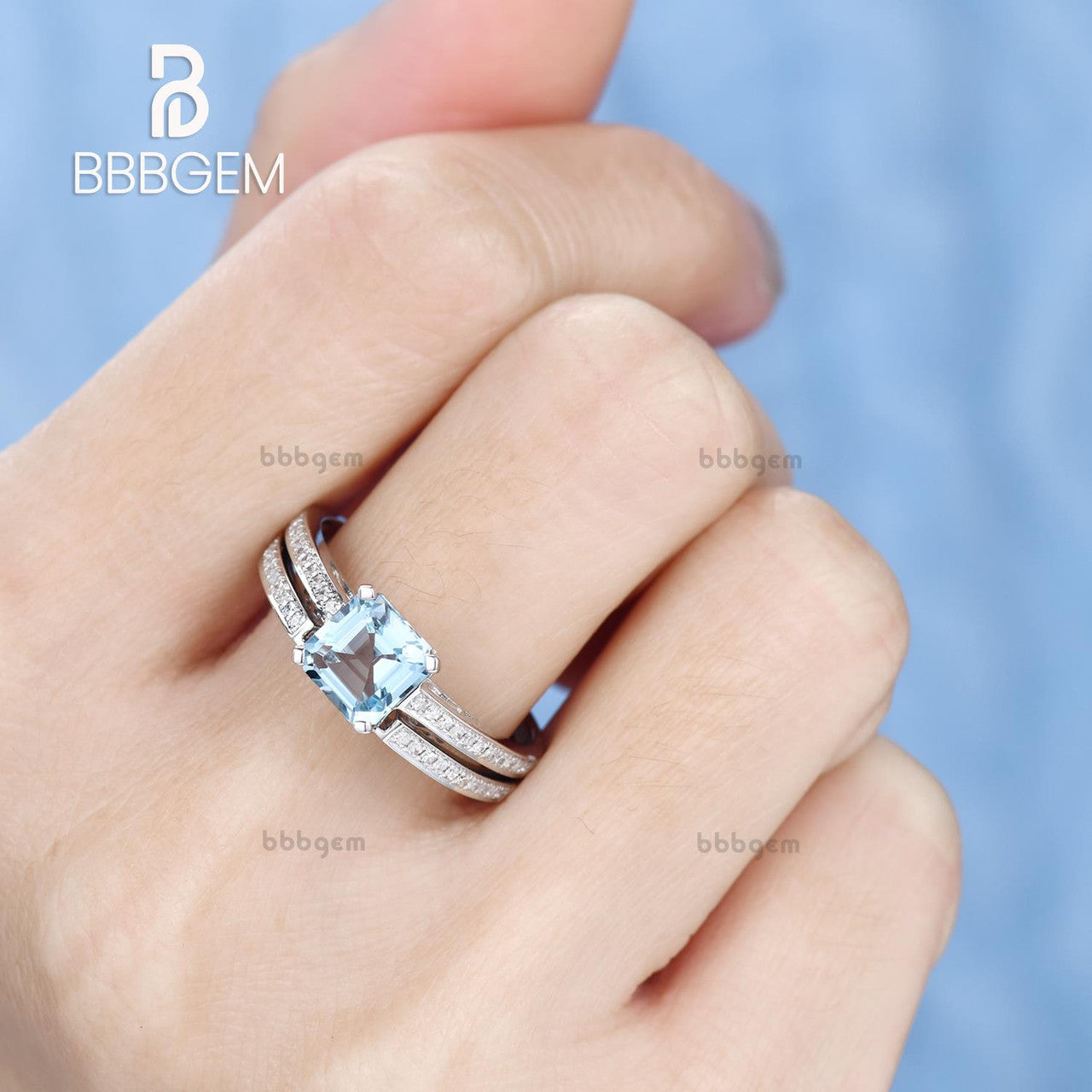Asscher cut Aquamarine engagement ring set-Solid 14k white gold-handmade Diamond Wedding ring-2PC Stacking ring-6.5mm birthstone of March
