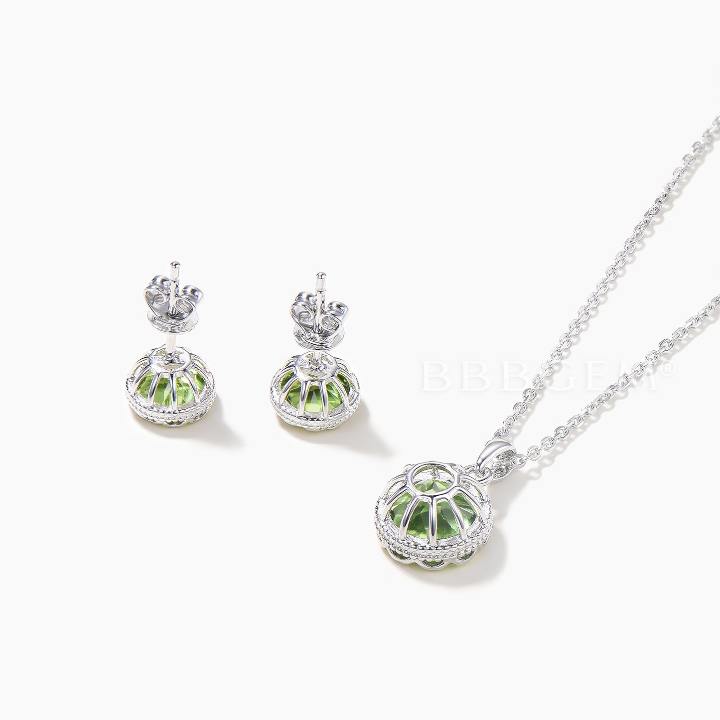 Solitaire Jewelry Set Round Natural Peridot Necklace White Gold Stud Earrings