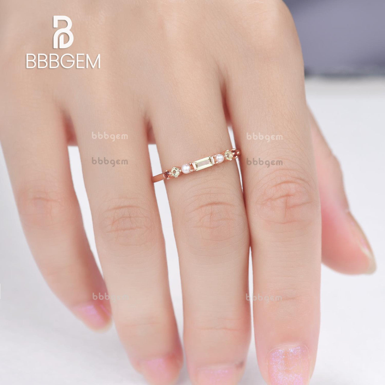 Baguette Cut Multi-Color Peridot and Pearl Garnet Gemstone Band Gift for Mom