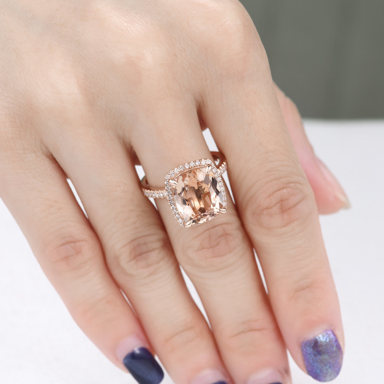 Big Champaign Morganite Engagement Ring Handmade 14k18k Rose Gold Cushion Cut