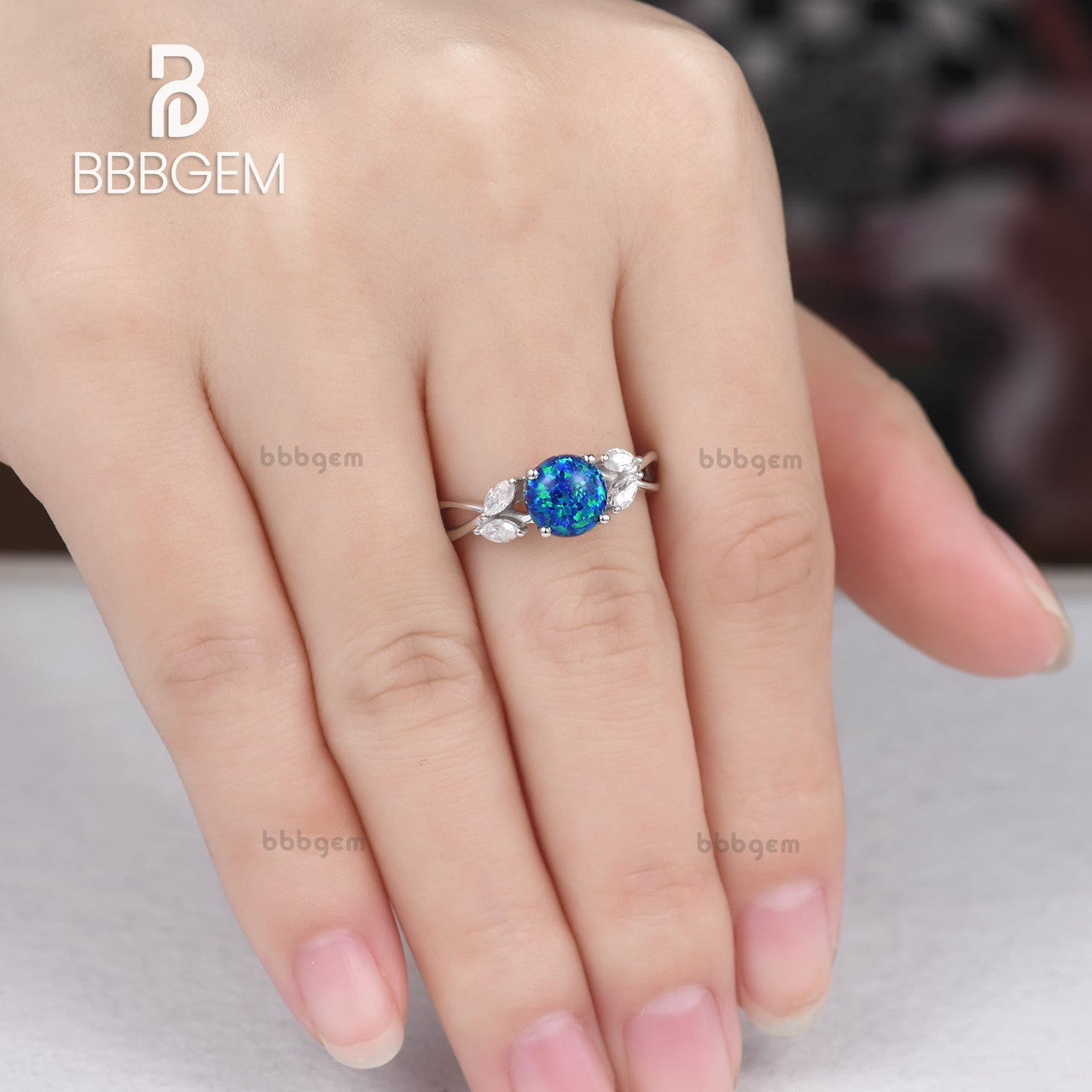 14K/18K Black Blue Opal Moissanite Engagement Ring Rose Gold Are Deco