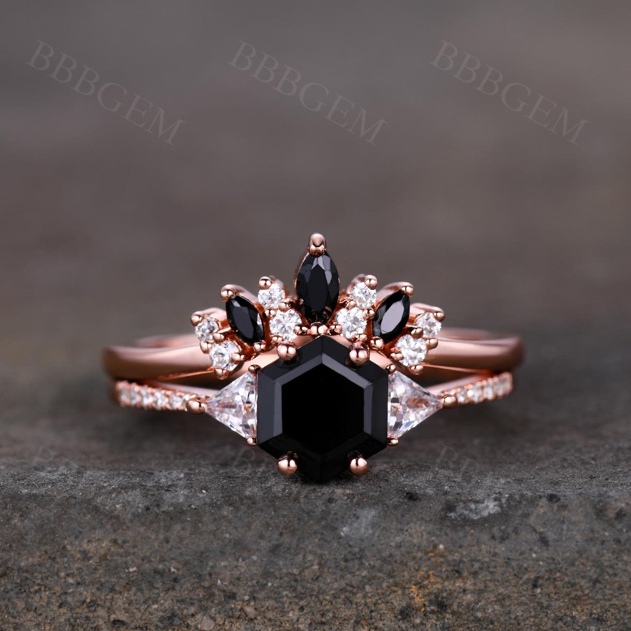 Black Onyx Hexagon Ring Set Rose Gold-Hexagon Black Onyx Engagement Ring Three Stone Moissanite Black Onyx Jewelry