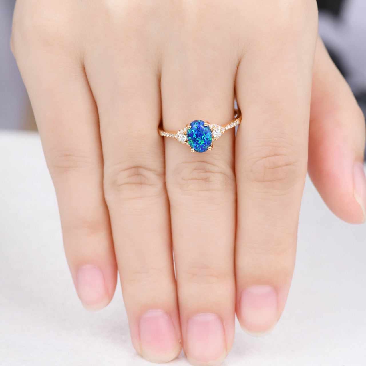 Black Opal Ring Yellow Gold Diamond Engagement Ring Women 6x8mm Opal Natural Diamonds