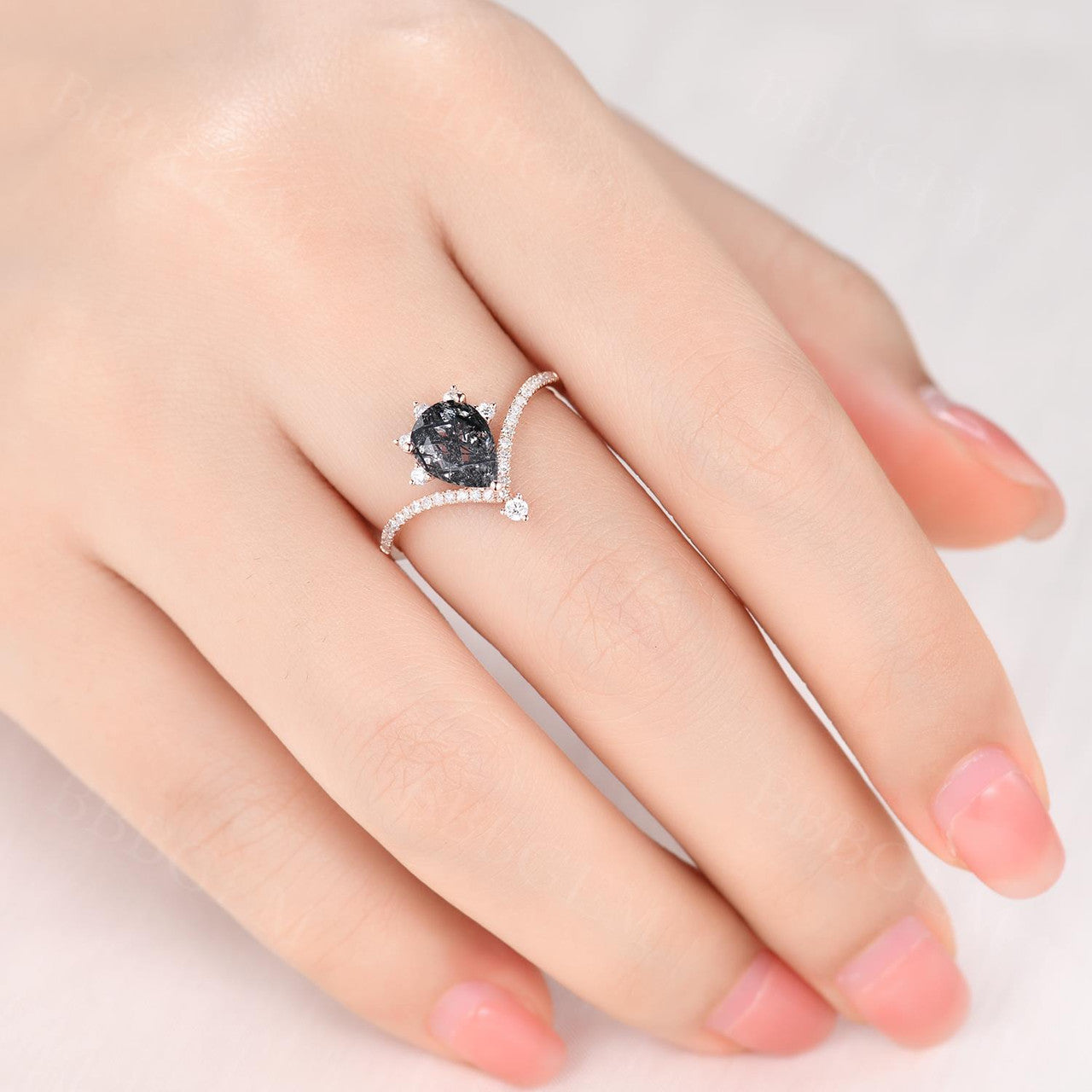 Black Rutilated Quartz Engagement Rings Pear Cut Shaped Diamond Band in 14k Rose Gold