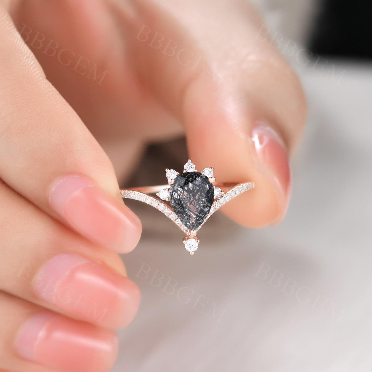 Black Rutilated Quartz Engagement Rings Pear Cut Shaped Diamond Band in 14k Rose Gold