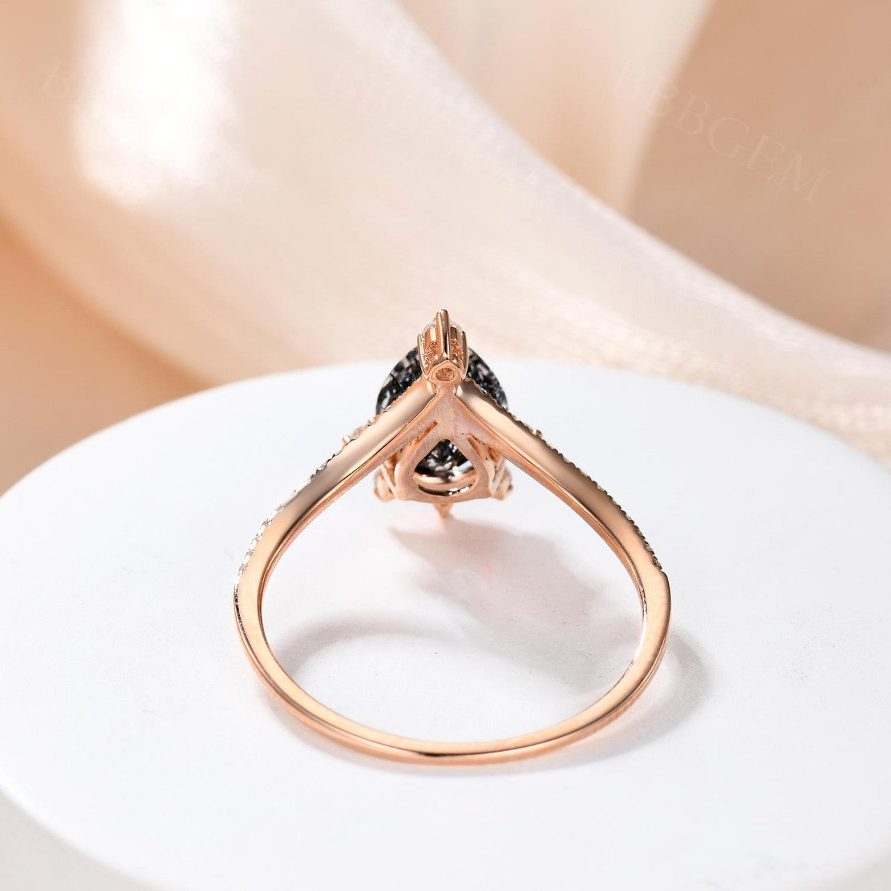 Black Rutilated Quartz Engagement Rings Pear Cut Shaped Diamond Band in 14k Rose Gold