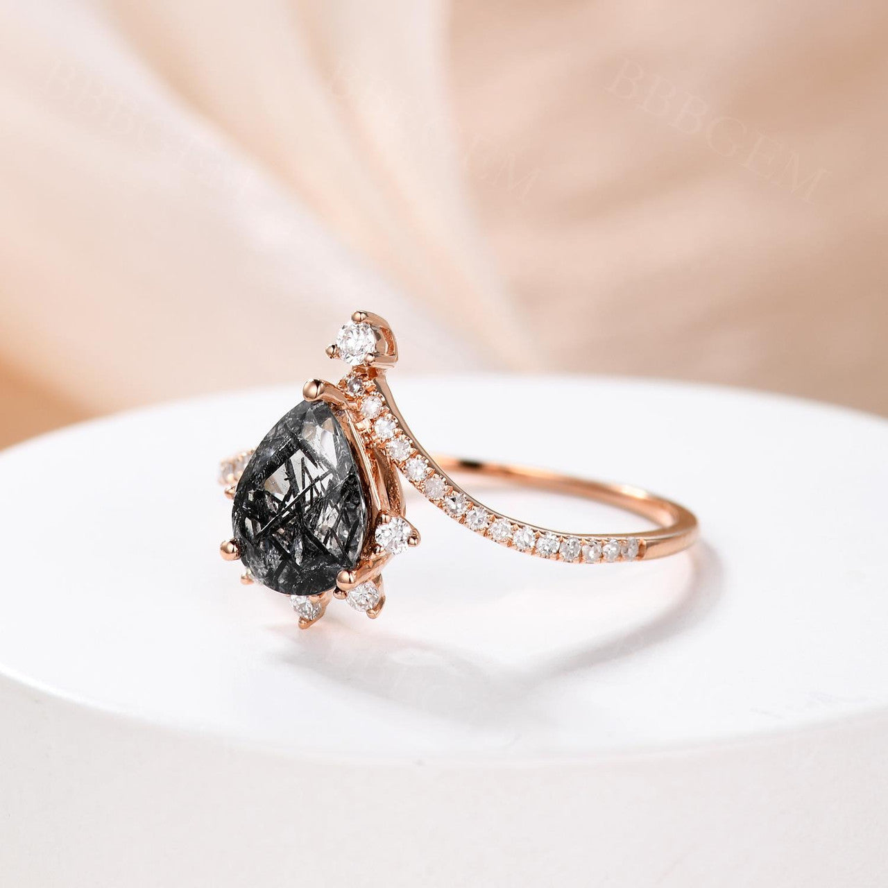 Black Rutilated Quartz Engagement Rings Pear Cut Shaped Diamond Band in 14k Rose Gold