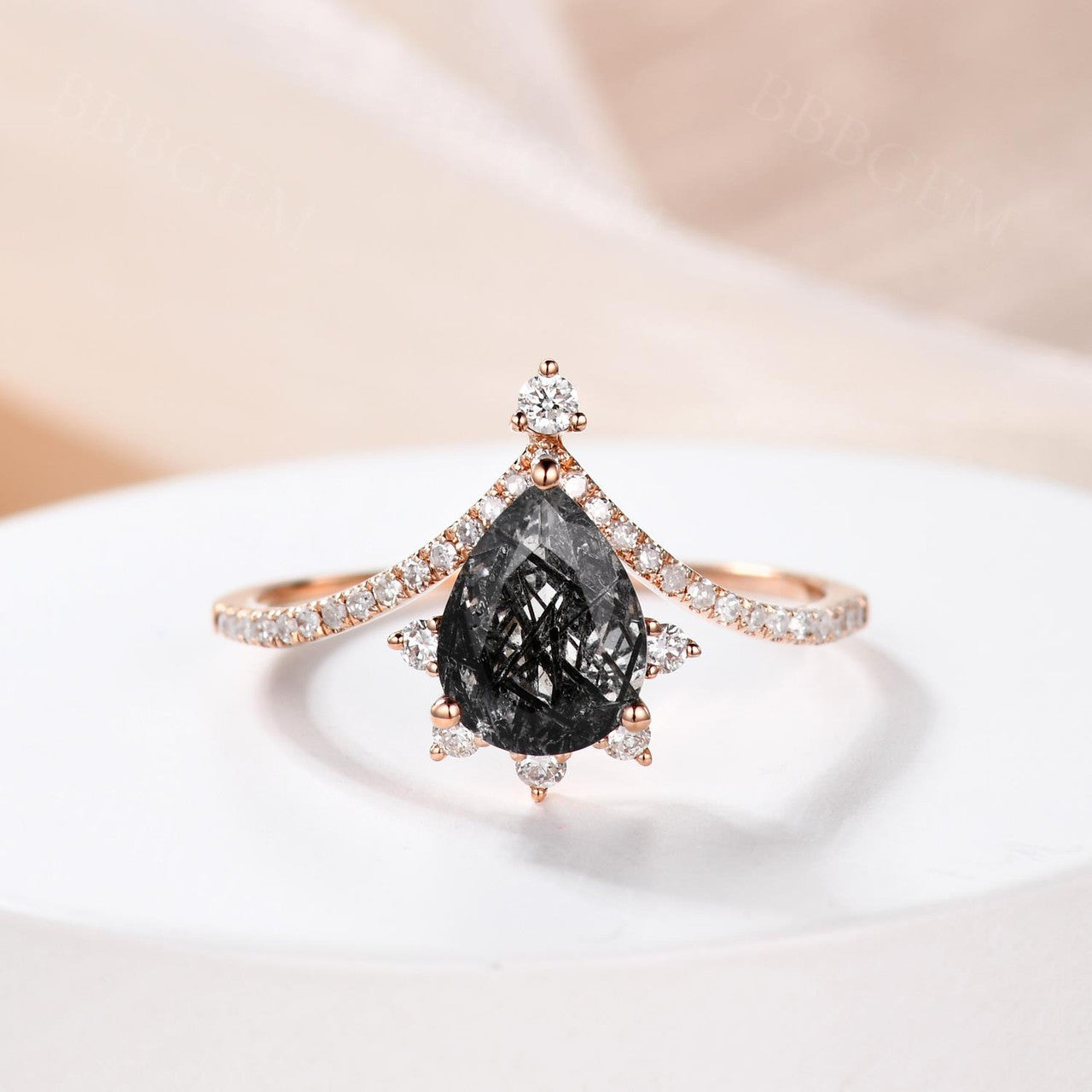 Black Rutilated Quartz Engagement Rings Pear Cut Shaped Diamond Band in 14k Rose Gold