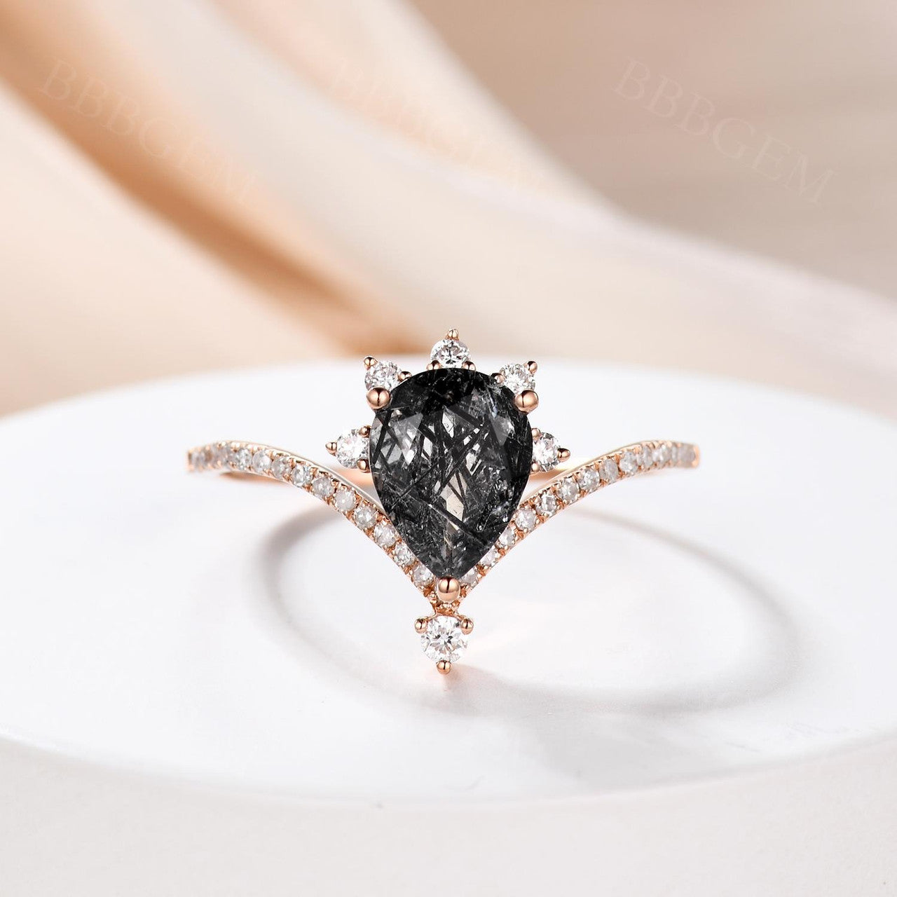 Black Rutilated Quartz Engagement Rings Pear Cut Shaped Diamond Band in 14k Rose Gold