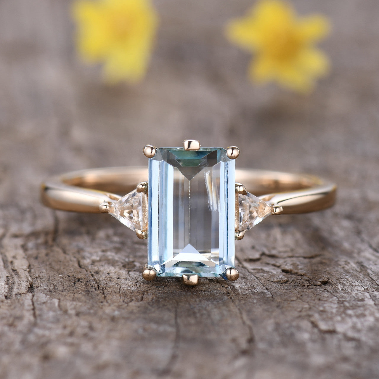 Emerald Step Cut Aquamarine Engagement Ring-Aquamarine Three Stone Wedding Rings-BBBGEM Aquamarine Jewelry