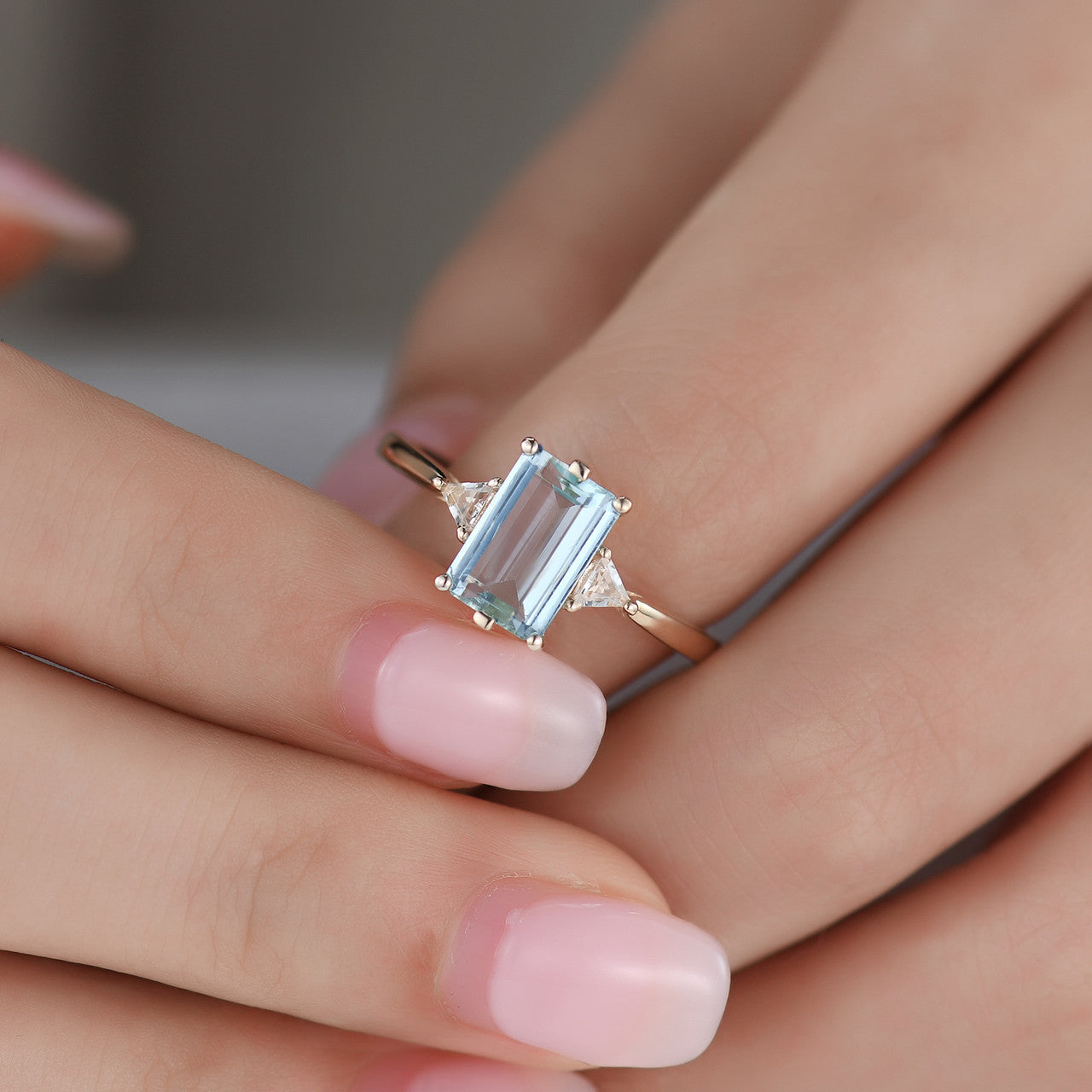 Emerald Step Cut Aquamarine Engagement Ring-Aquamarine Three Stone Wedding Rings-BBBGEM Aquamarine Jewelry