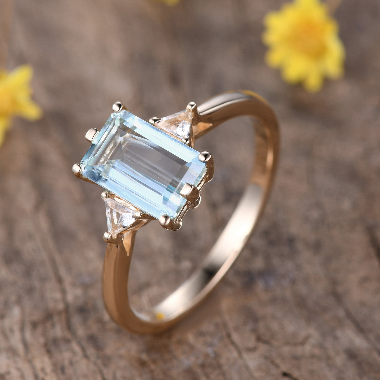 Emerald Step Cut Aquamarine Engagement Ring-Aquamarine Three Stone Wedding Rings-BBBGEM Aquamarine Jewelry