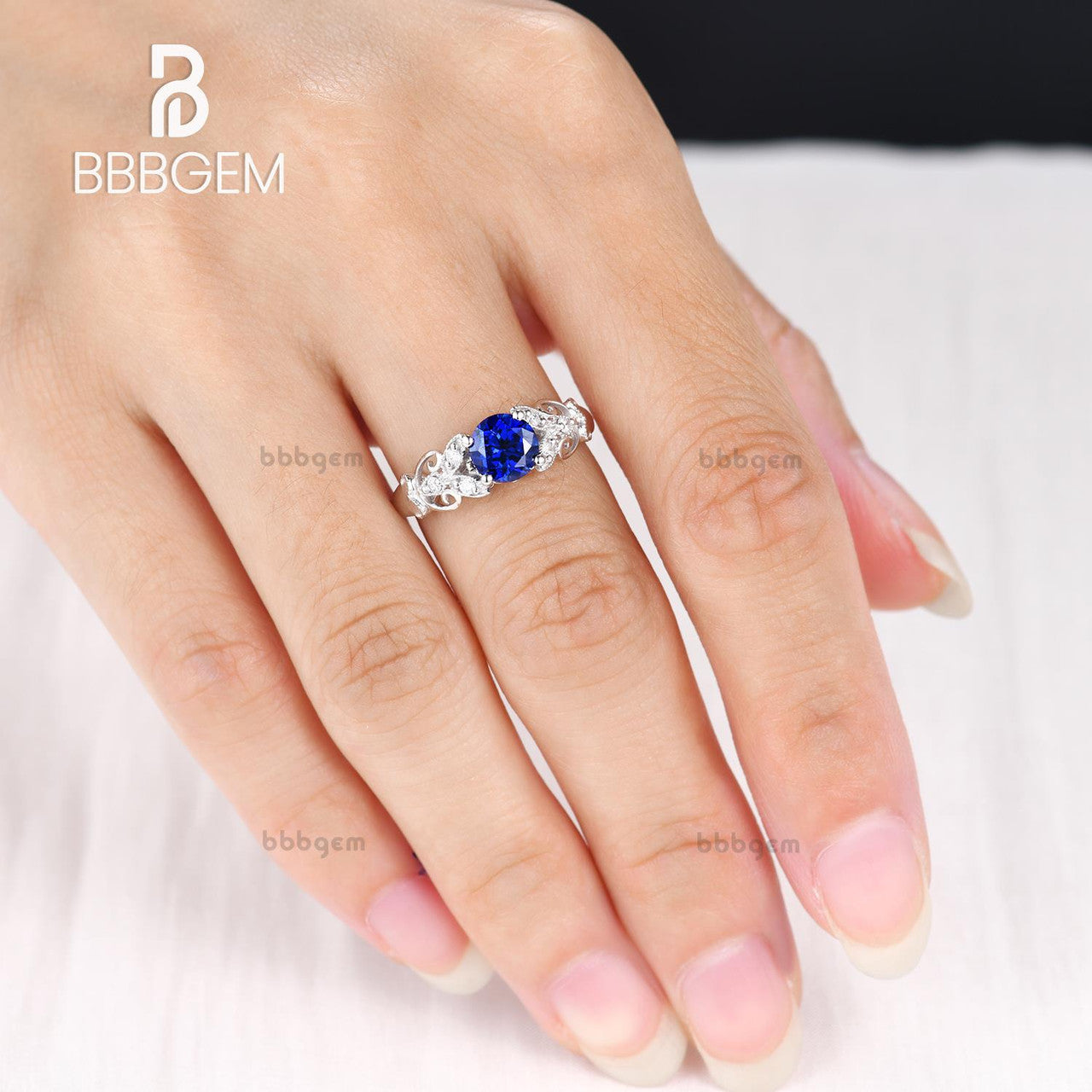 Blue Sapphire Inspired Engagement Ring in White-Sapphire Wedding Ring Retro-14k White Gold Sapphire Floral Leaf Engagement Ring