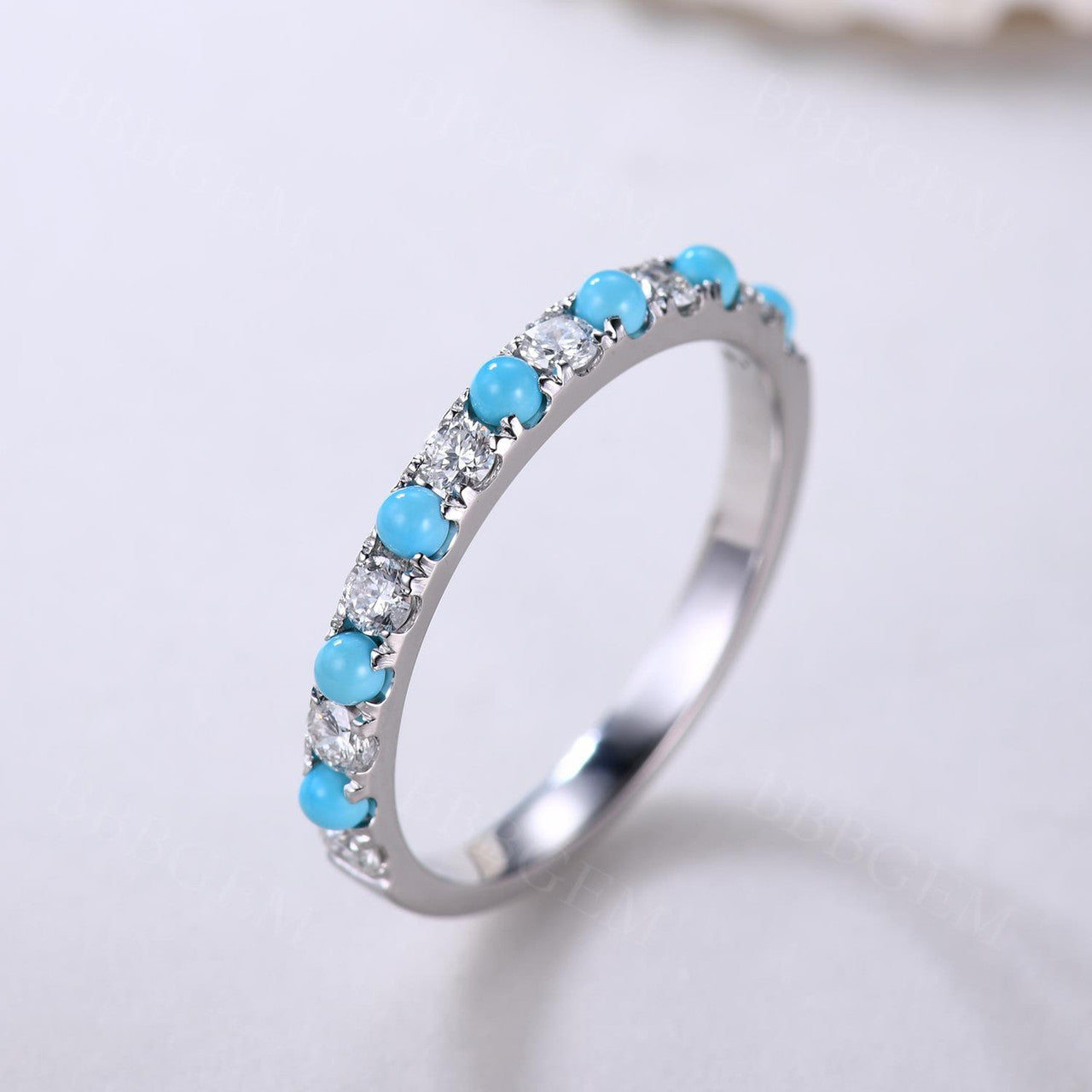 Turquoise and diamond matching band in 14k white gold/Wedding ring