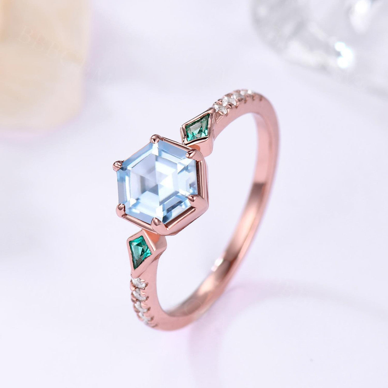 Blue and Green Hexagon Engagement Ring-Hexagon Aquamarine and Kite Shape Lab Emerald Three Stones Wedding Ring-BBBGEM Unique Hexagon Jewelry