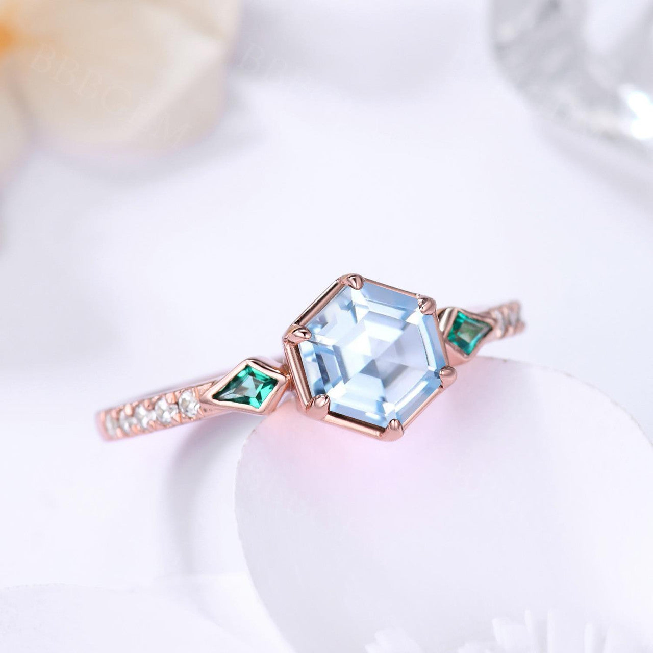 Blue and Green Hexagon Engagement Ring-Hexagon Aquamarine and Kite Shape Lab Emerald Three Stones Wedding Ring-BBBGEM Unique Hexagon Jewelry