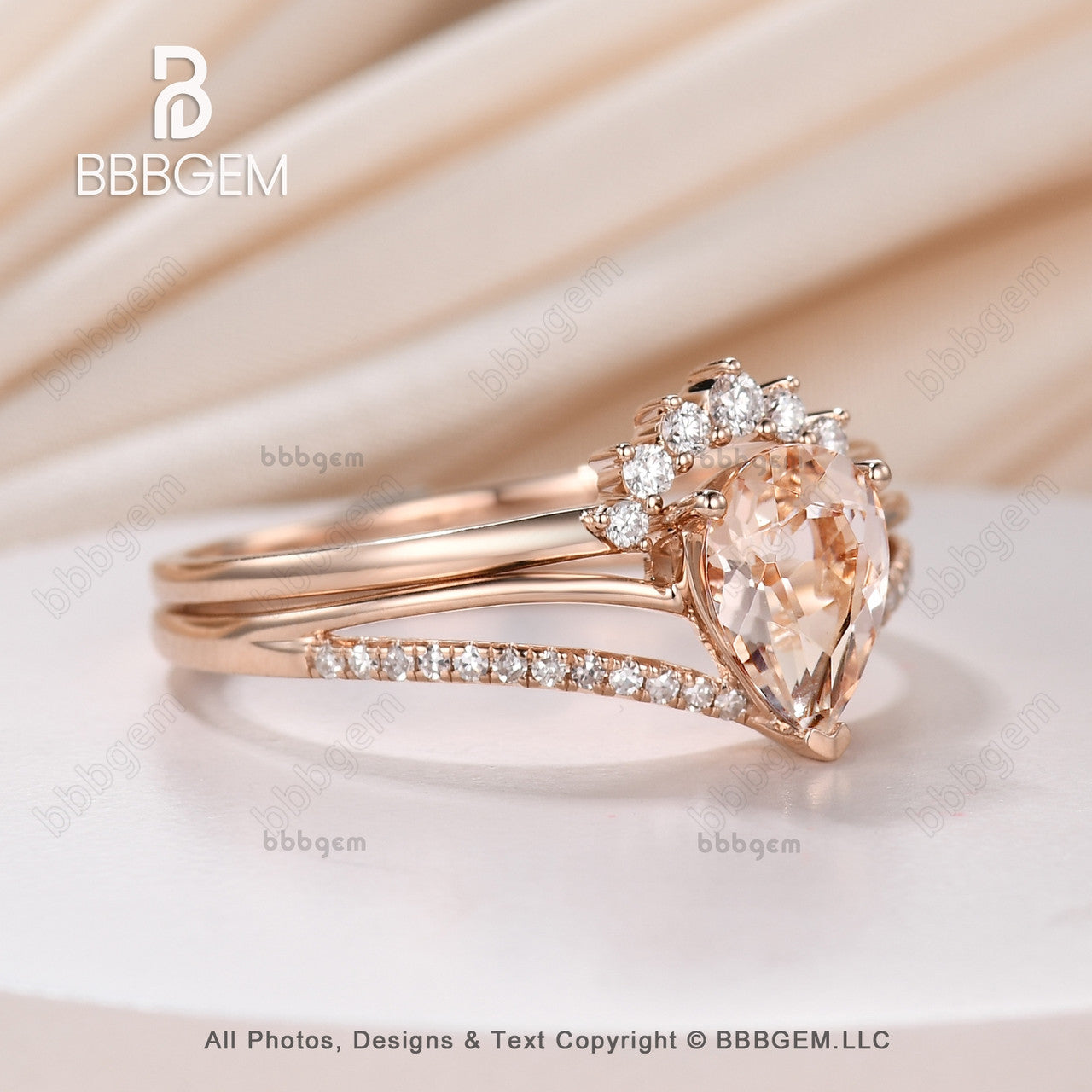 Classic Pear Shape Morganite Engagement Engagement Ring Set Rose Gold-v shape moragnite diamond bridal ring set
