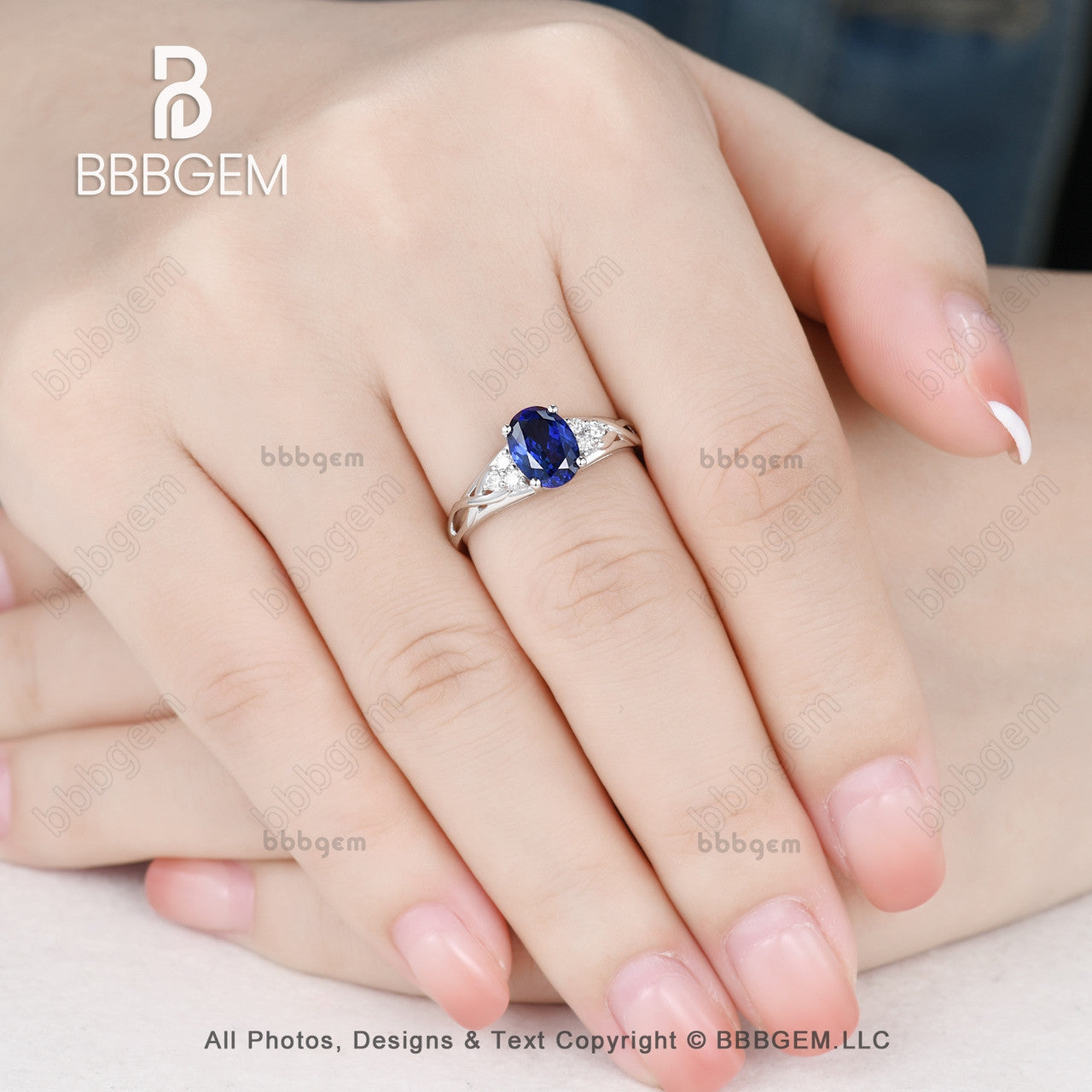 Cluster Blue Oval Cut Sapphire And Diamond Engagement Ring in whitegold-bbbbgem sapphire engagement ring-bbbgem