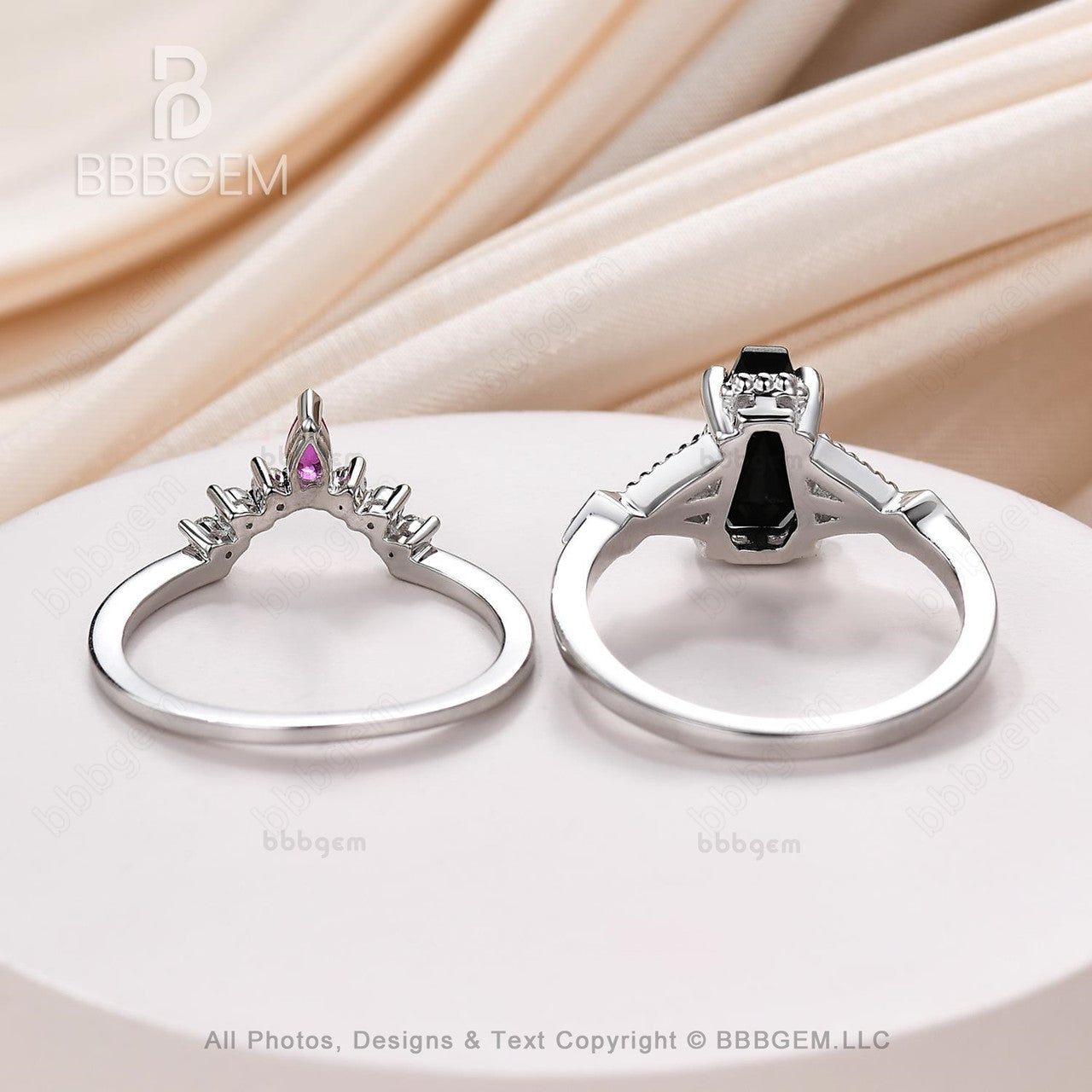 Coffin Black Spinel Diamond Wedding Set 9x6mm Coffin Shaped Onyx Ring Set With Lab Ruby Platinum