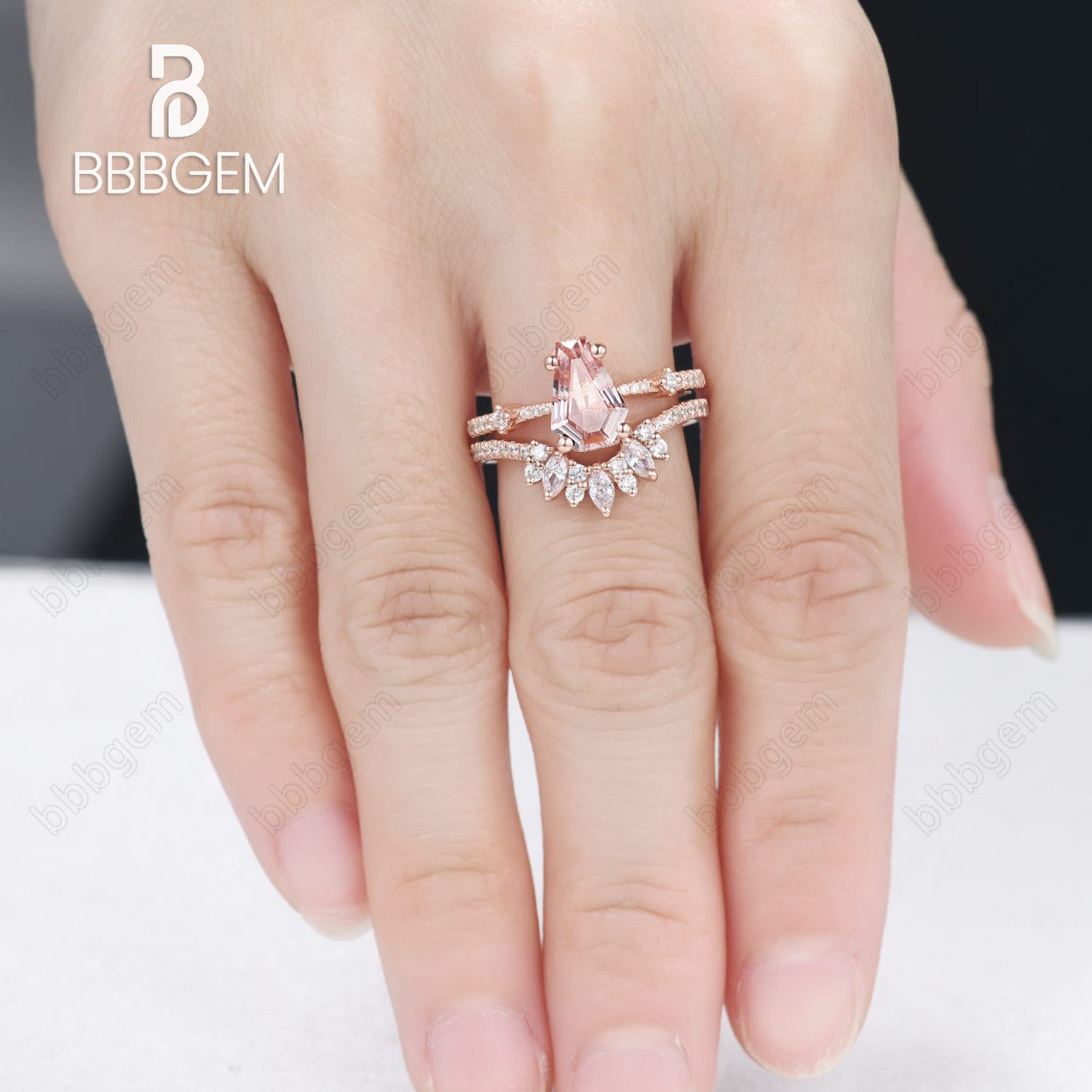 Coffin Cut Natural Morganite Engagement Ring Set-Peach Morganite Coffun Cut Ring Set-Vintage Morganite Wedding Ring Set Rose Gold-BBBGEM Morganite Jewelry