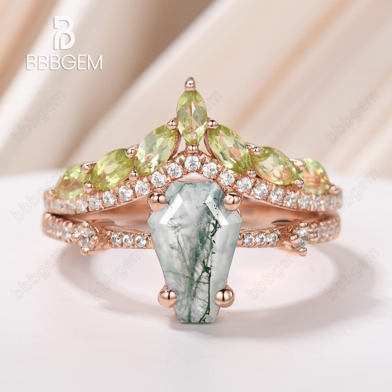 Coffin Green Moss Agate Faithfulness Engagement Rings with Peridot Aug Birthstone Proposal Rings Set Skull Rings Vampire Rose Gold -BBBGEM Women Jewelry