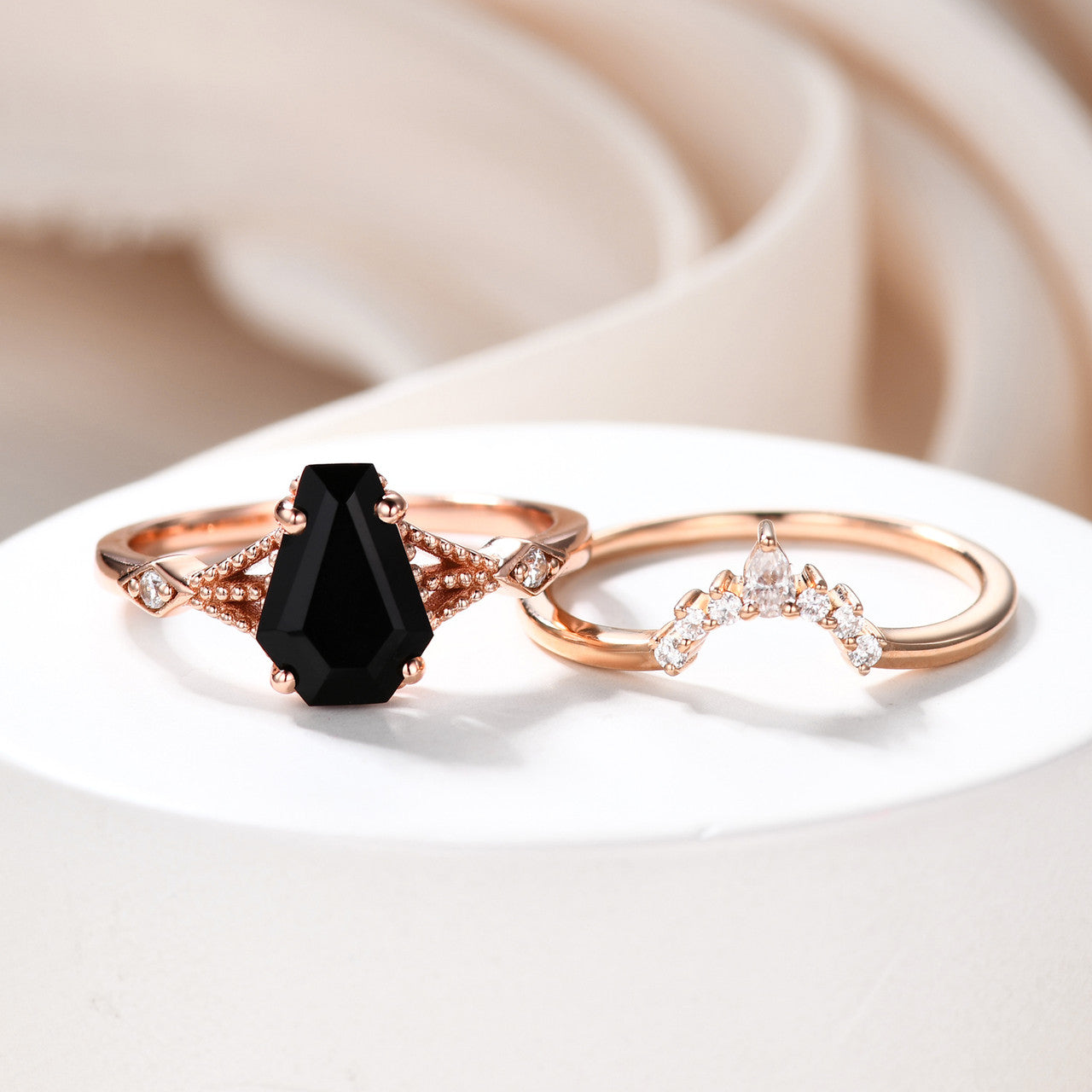 Coffin Rings Set-black onyx ring set-14k Rose Gold Coffin Black Spinel Diamond Wedding Set-BBBGEM Spinel Birthstone Jewelry