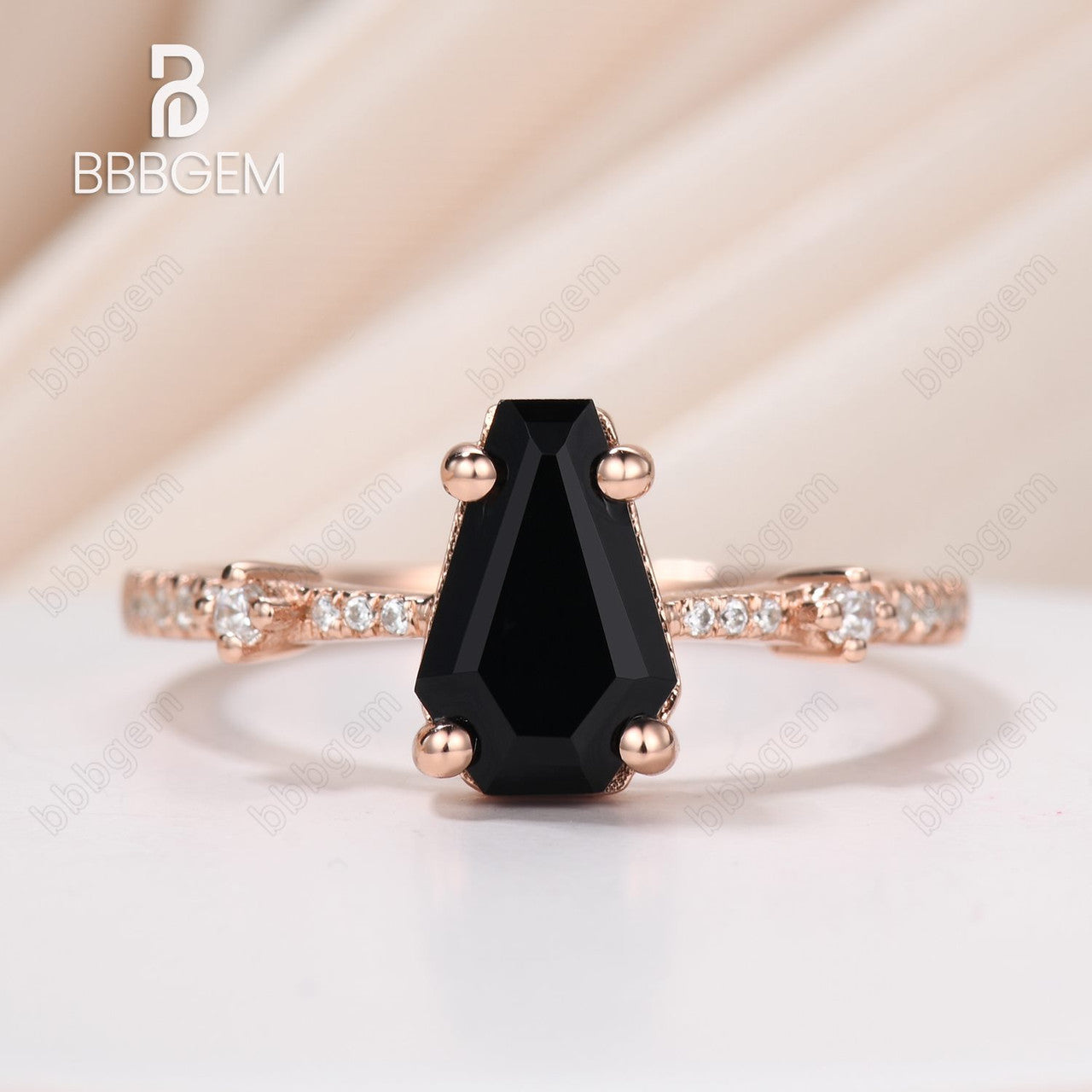 Coffin Shape Natural Black Onyx Women's Ring Rose Gold, Black Gemstone Wedding Ring