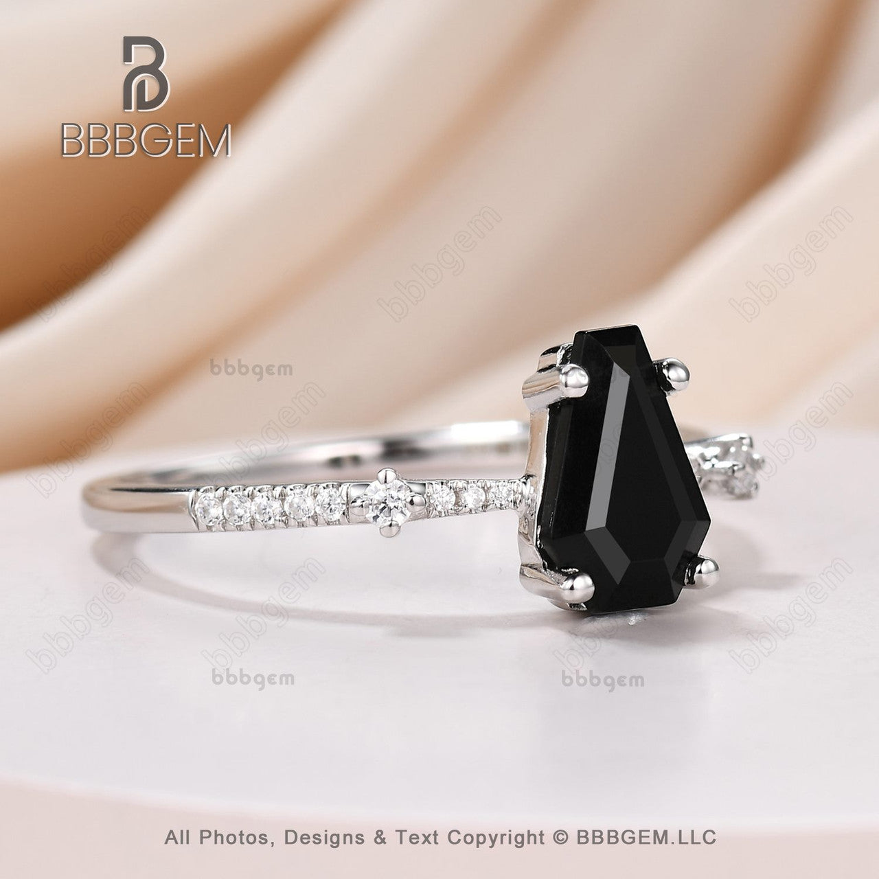 Coffin Shape Natural Black Onyx Women's Ring White Gold Coffin 9x6mm Black Agate Gemstone Wedding Ring Marriage Ring (6)