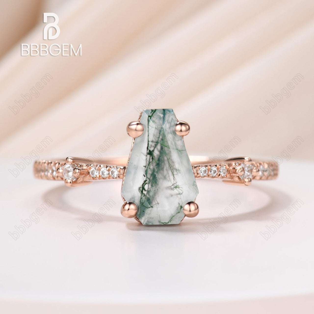 Unique Rose Gold Moss Agate Engagement Ring Tapered Band BBBGEM